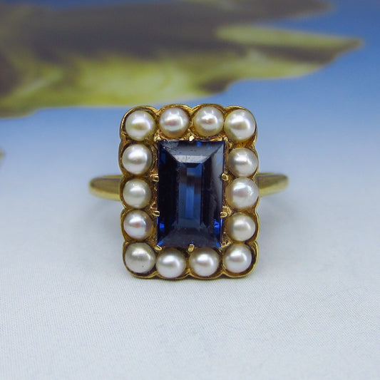 SOLD--Vintage Sapphire and Pearl Ring 18k c. 1960