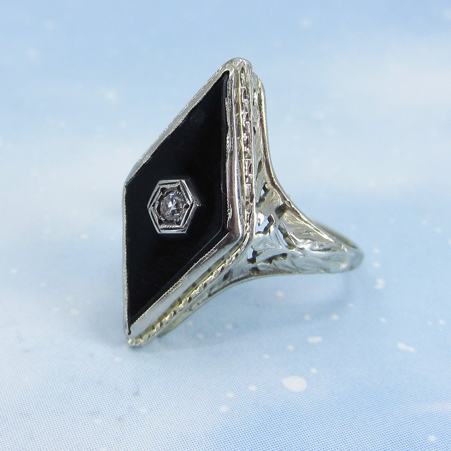 SOLD-Art Deco Diamond And Onyx Filigree Ring 14k c. 1930