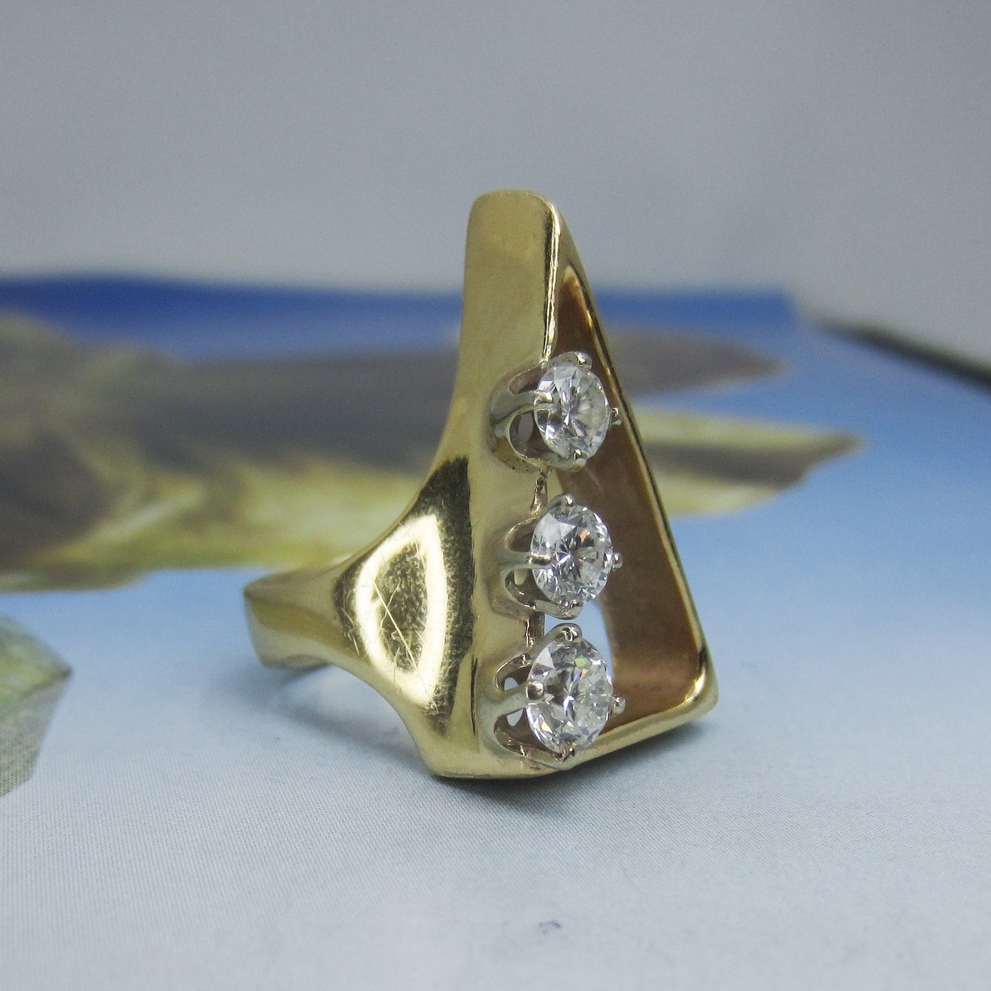 SOLD--MidCentury Modernist Giant Diamond Triangle Ring 14k c. 1970