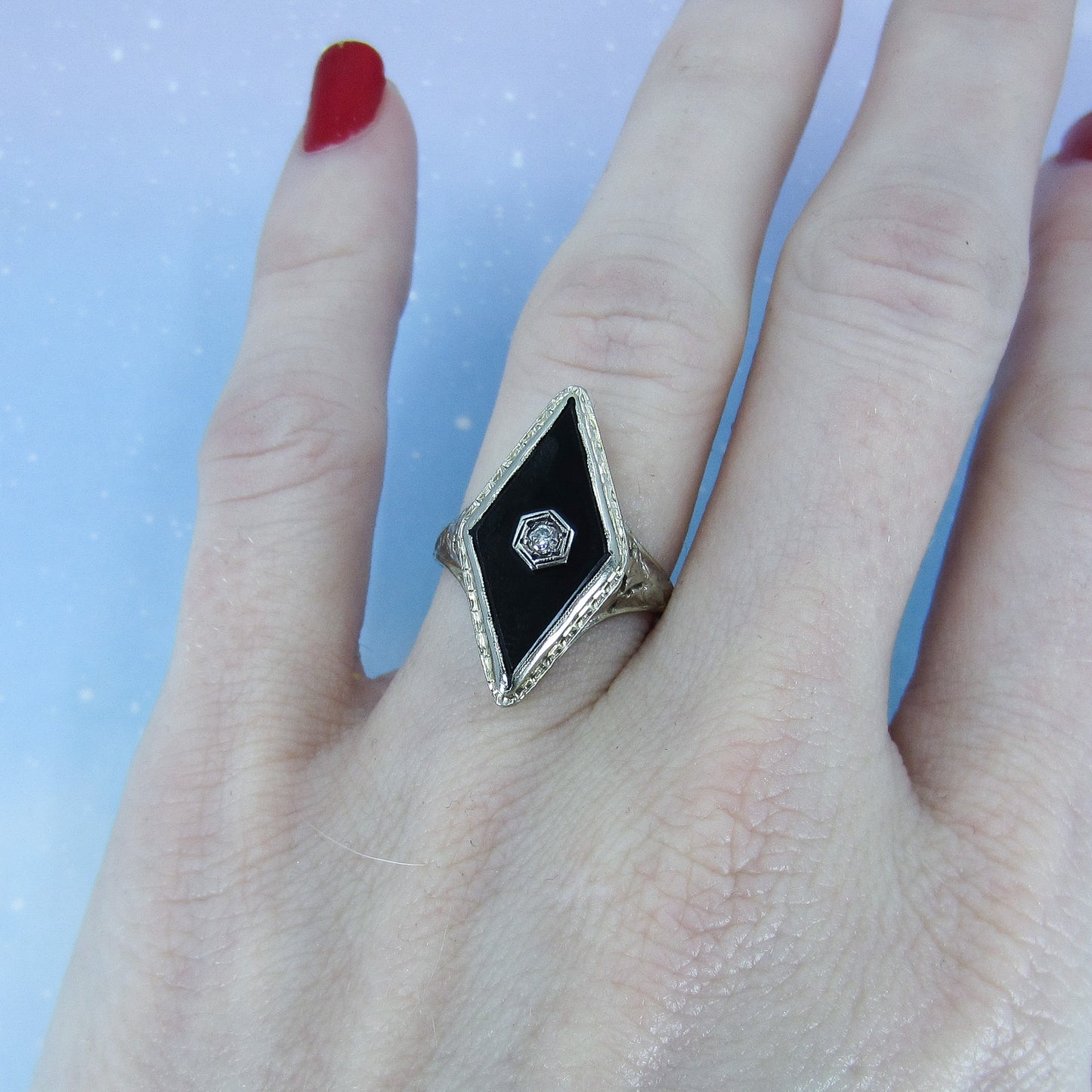 SOLD-Art Deco Diamond And Onyx Filigree Ring 14k c. 1930