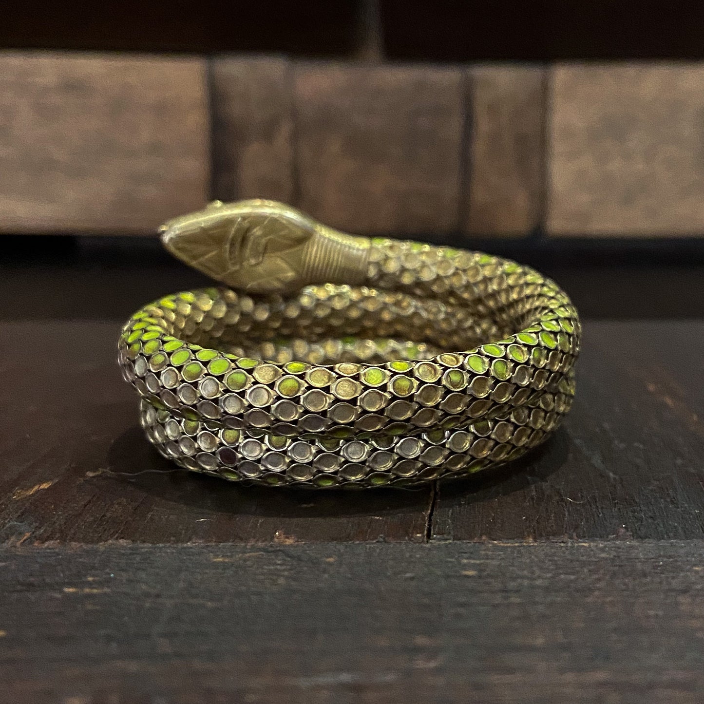 SOLD--Art Deco Enamel Coiled Snake Bracelet Gilt Sterling c. 1930