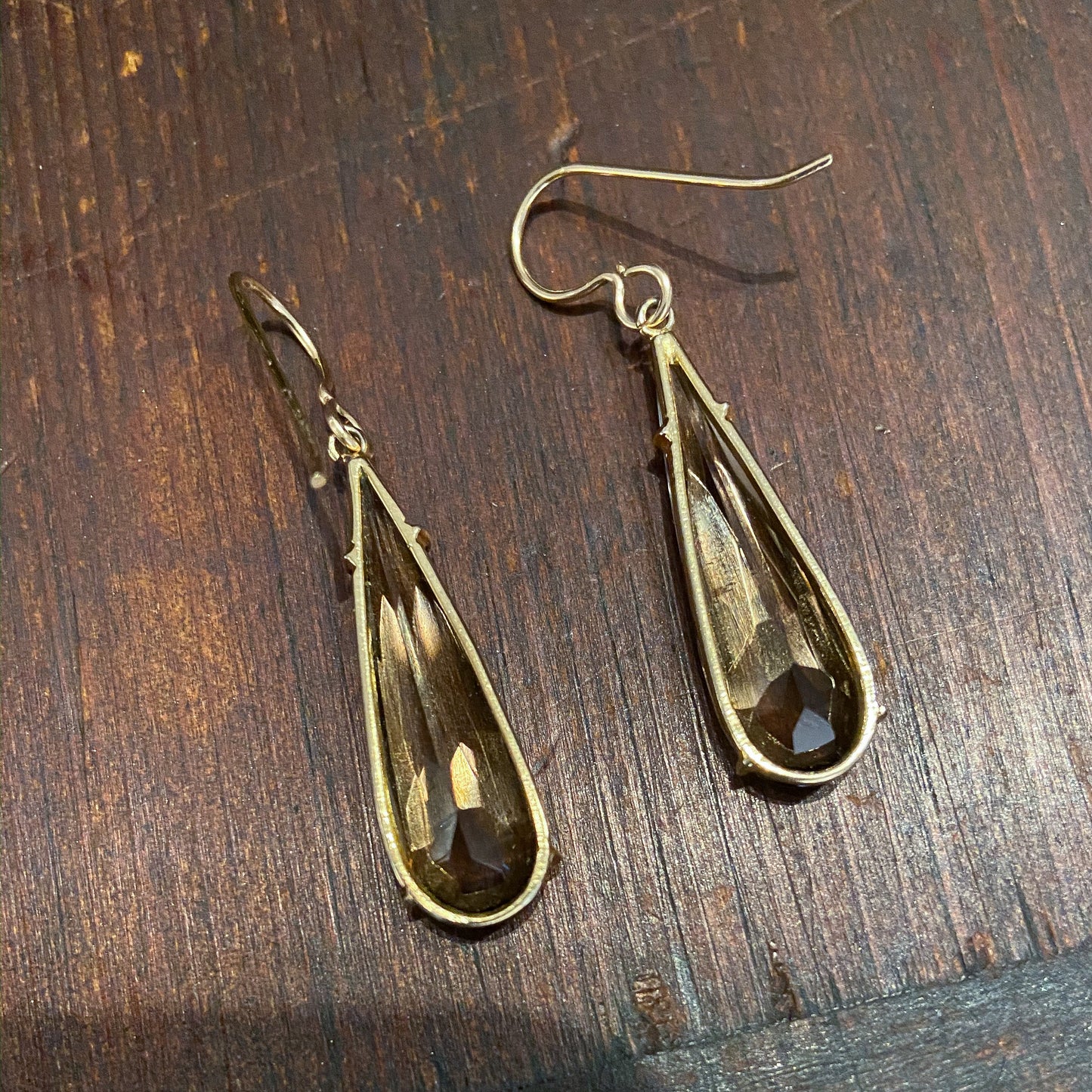 SOLD--Vintage Pear Cut Smoky Quartz Drop Earrings Gold-Fill c. 1970