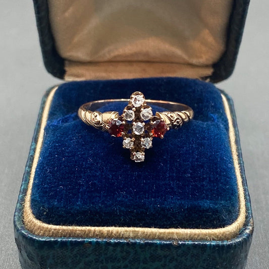 SOLD—Victorian Rose Cut Diamond and Garnet Ring 14k c. 1880