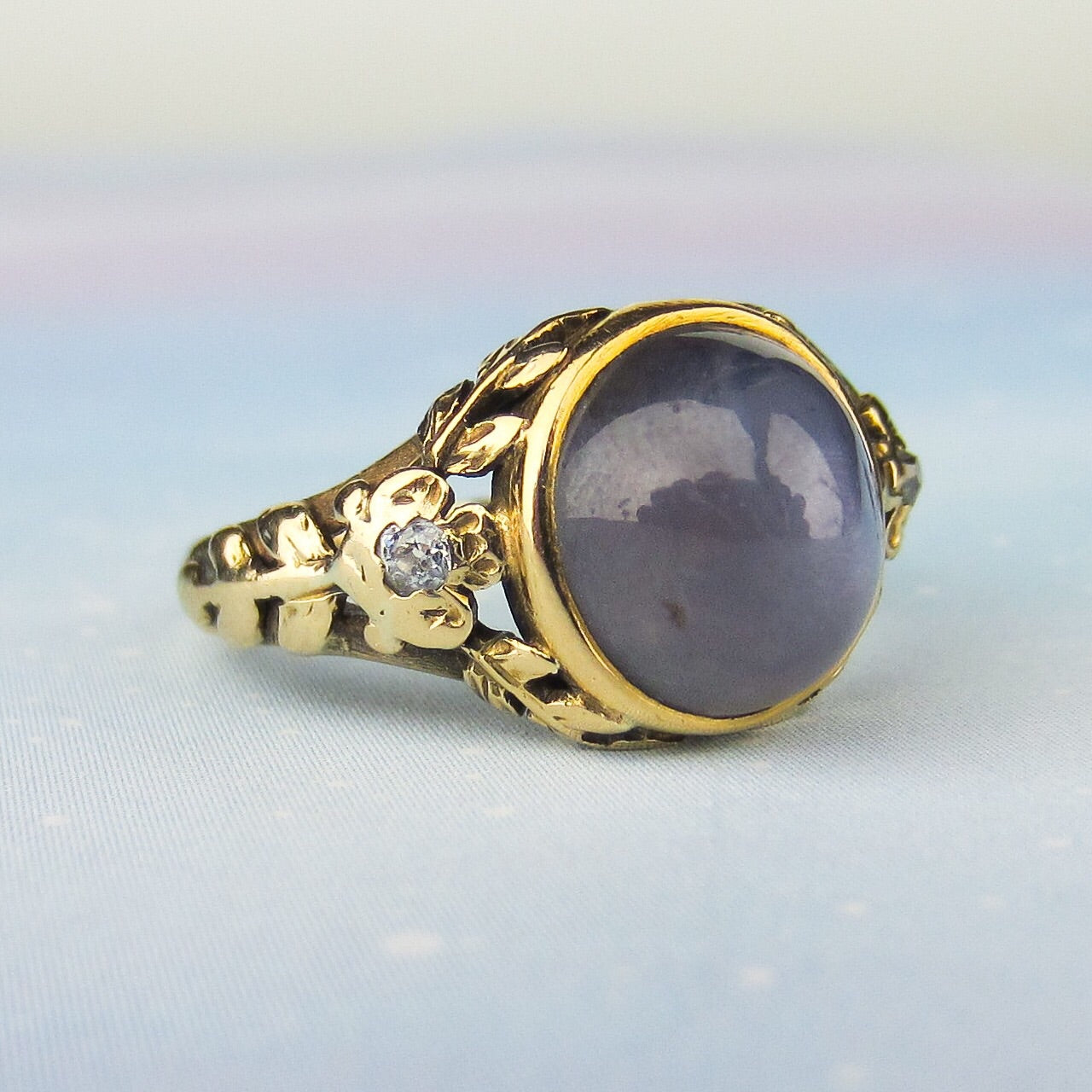 SOLD--Arts & Crafts Edward Oakes Star Sapphire and Diamond Ring 18k c. 1920