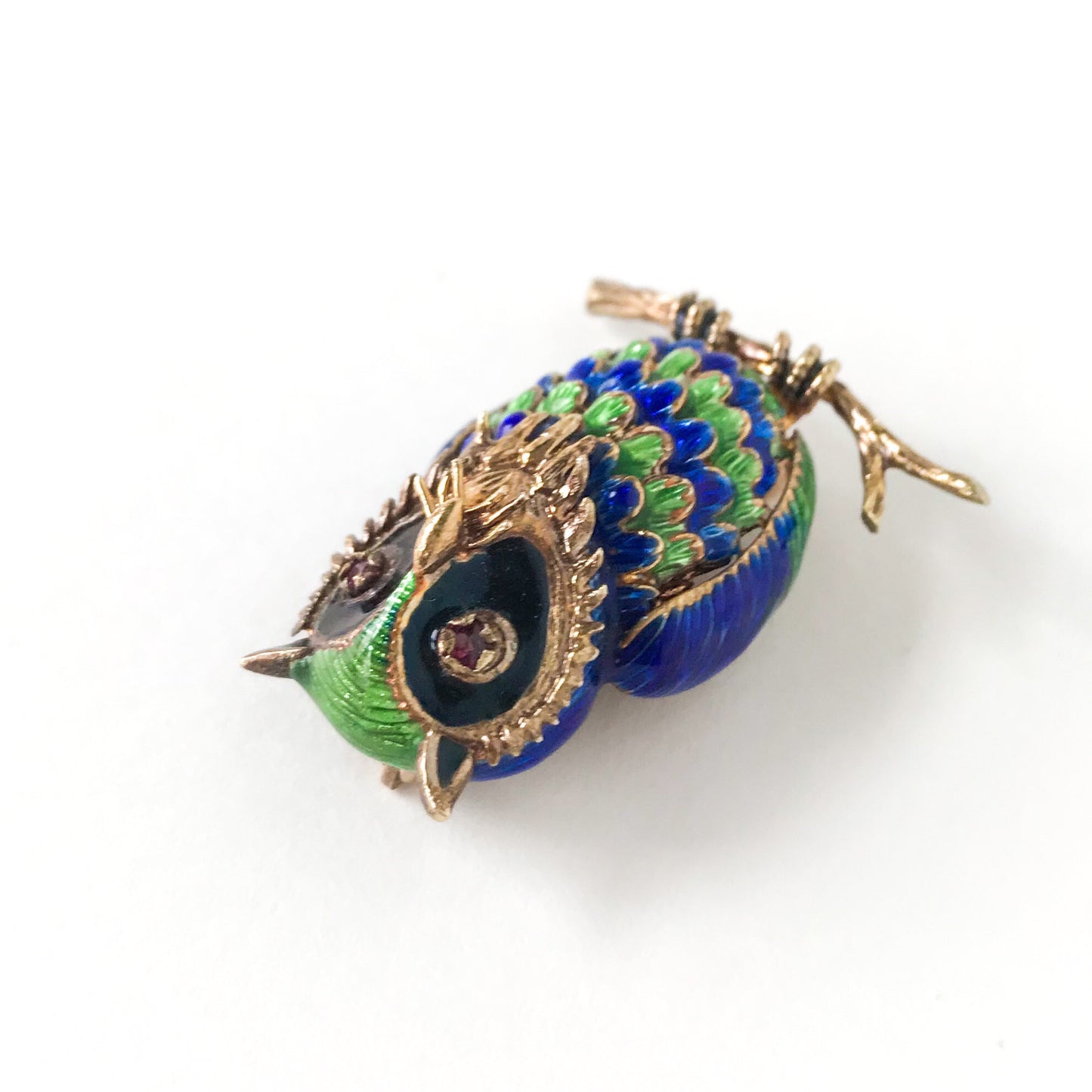 Mid-Century Enamel and Ruby Owl Brooch 14k c. 1960