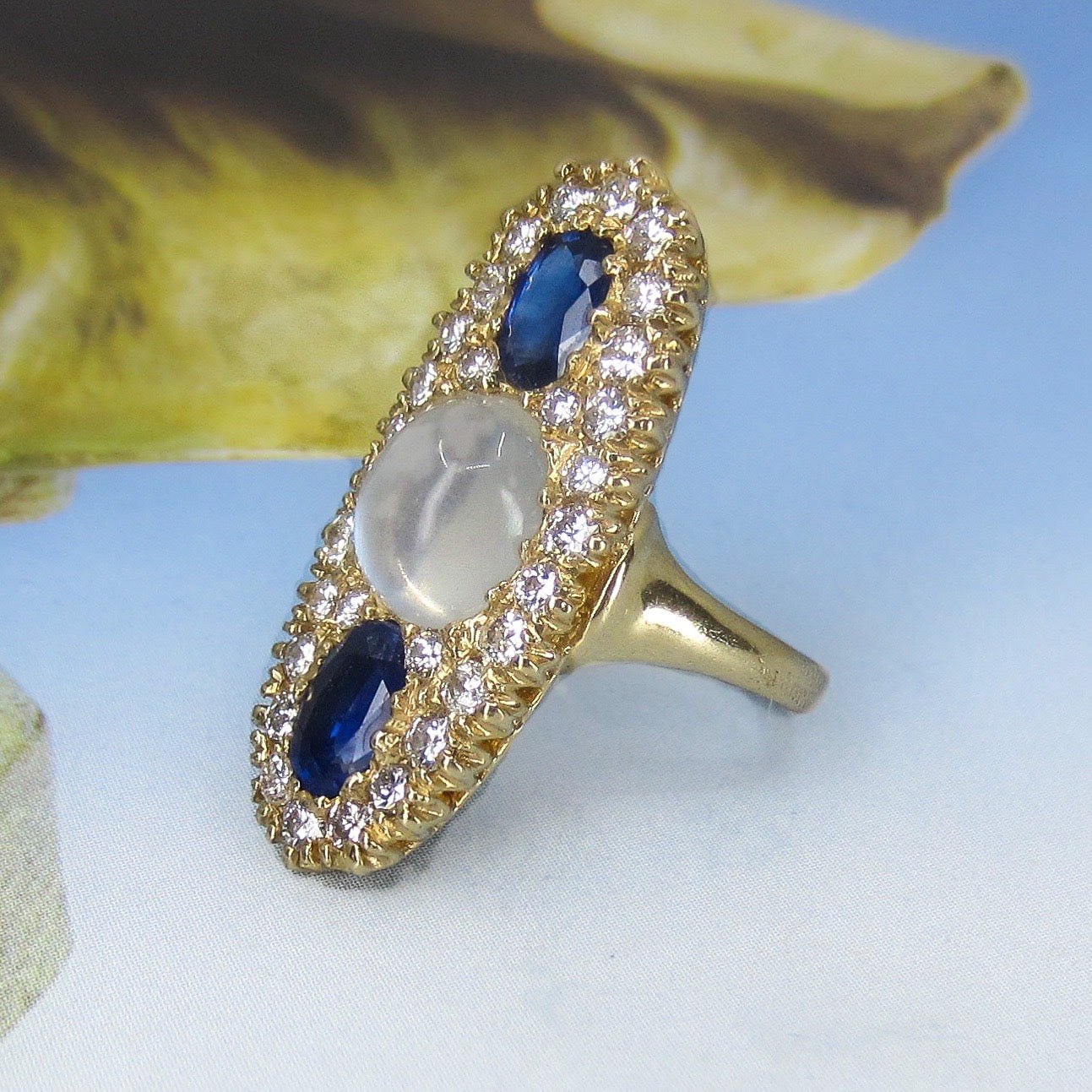 SOLD--Vintage Insane Moonstone, Sapphire and Diamond Navette Ring 14k c. 1950