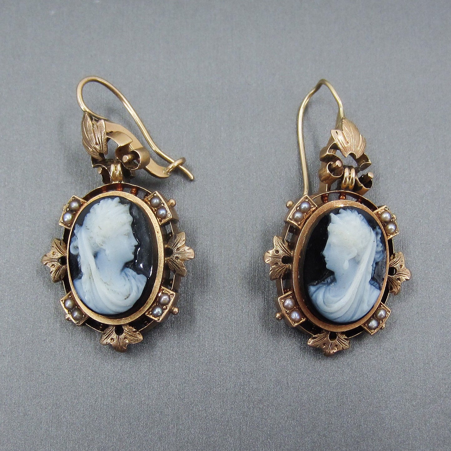 SOLD— Victorian Hardstone Cameo and Pearl Earrings 14k c. 1880