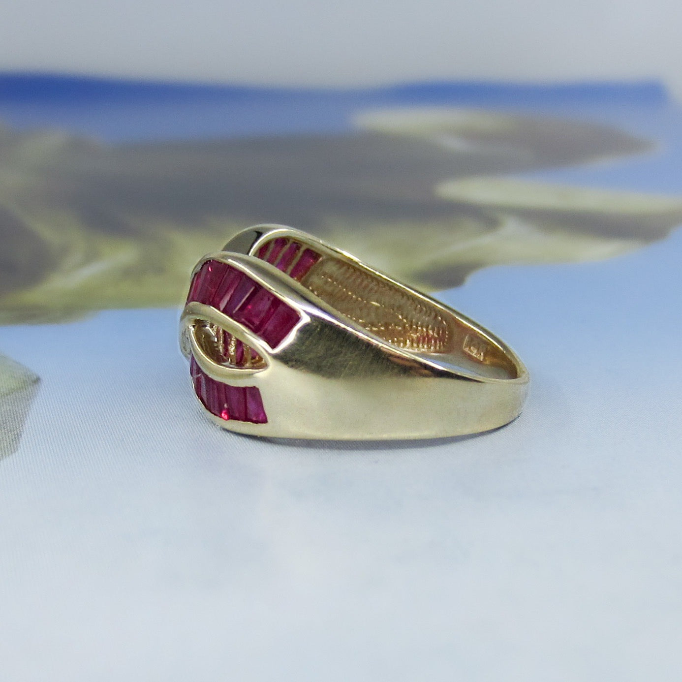 SOLD--Vintage 90’s Ruby Baguette Infinity Ring 14k c. 1995