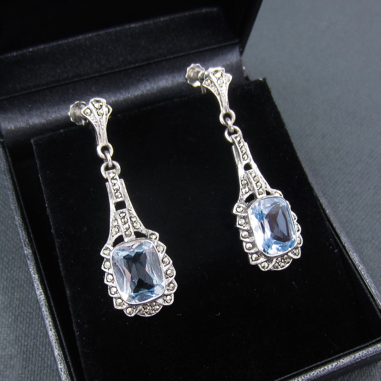 SOLD--Art Deco Marcasite and Synthetic Blue Spinel Drop Earrings Sterling c. 1930