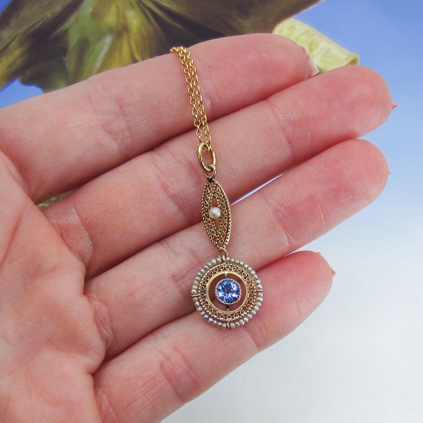 SOLD-Edwardian Seed Pearl and Blue Glass Pendant 10k c. 1910