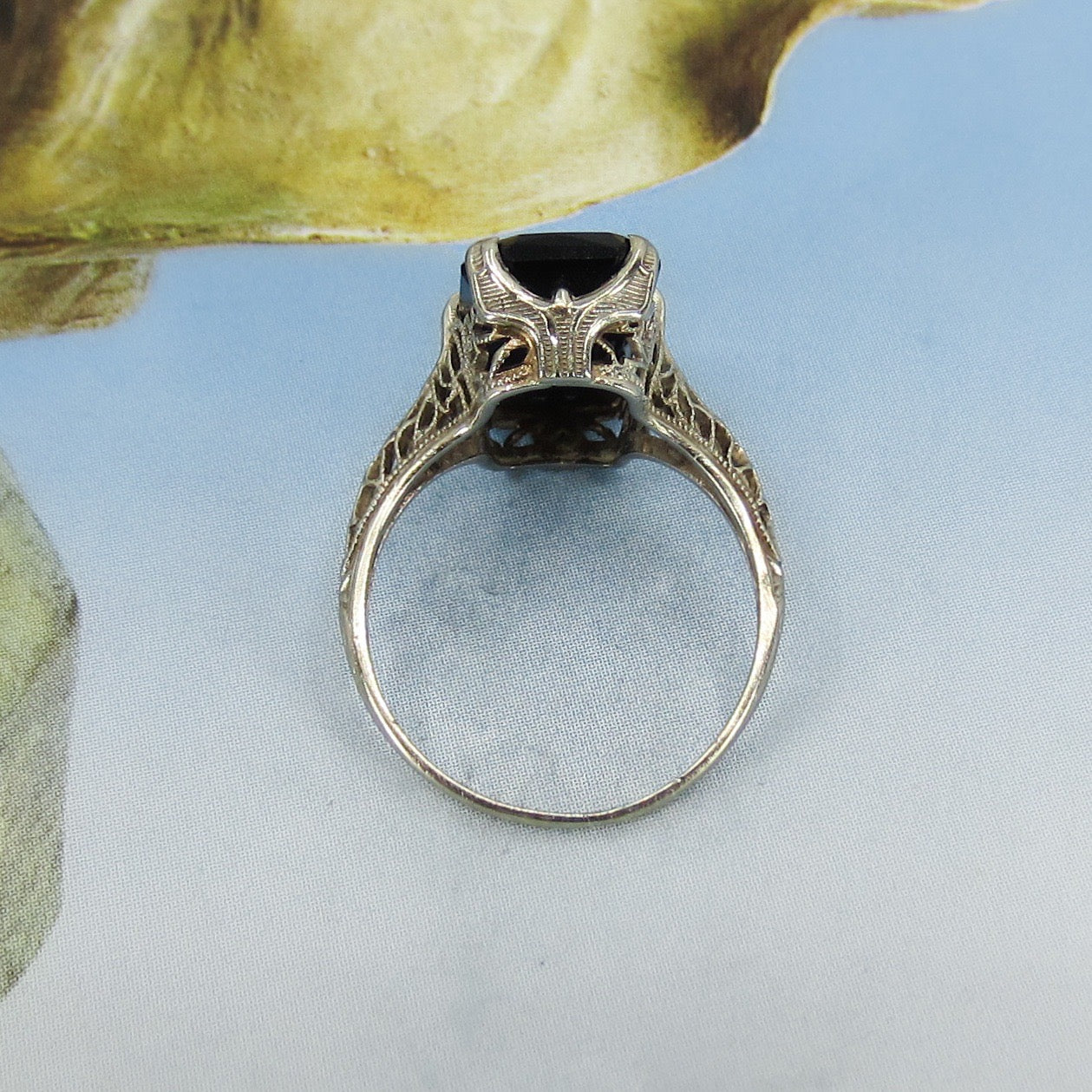 SOLD--Art Deco Onyx and Diamond Filigree Ring 14k c. 1930