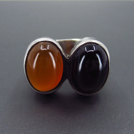 SOLD--Modernist Carnelian and Onyx Cabochon Ring Sterling c. 1970