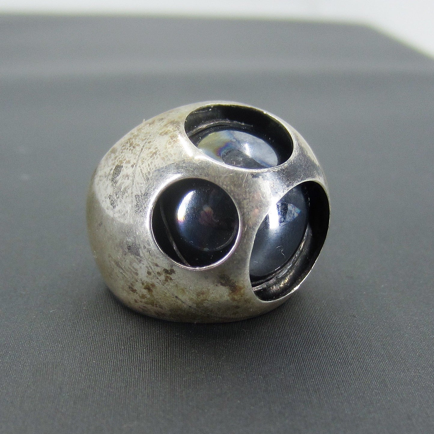 SOLD--Very Cool Post-Modern Hematite Dome Ring Sterling, Poland c. 1990