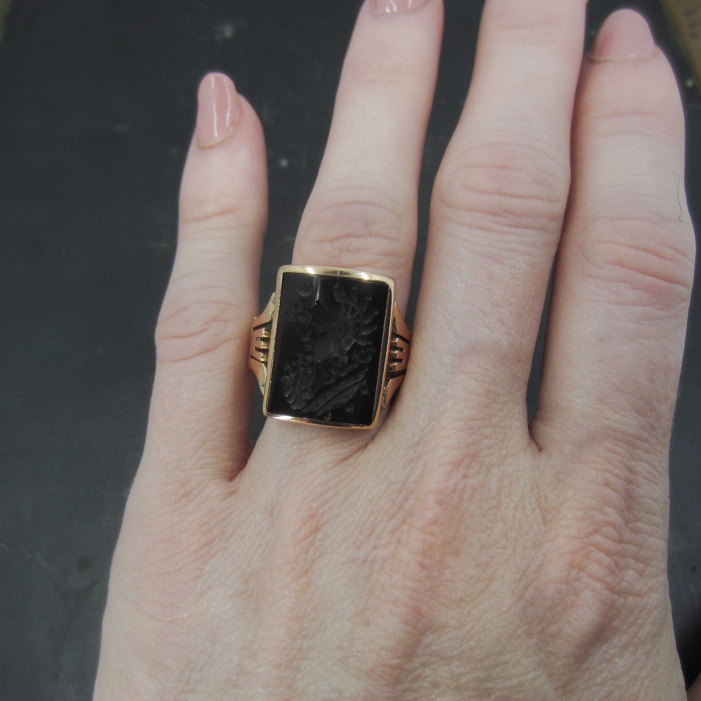 SOLD--Victorian Onyx Warrior Intaglio Ring 14k c. 1890