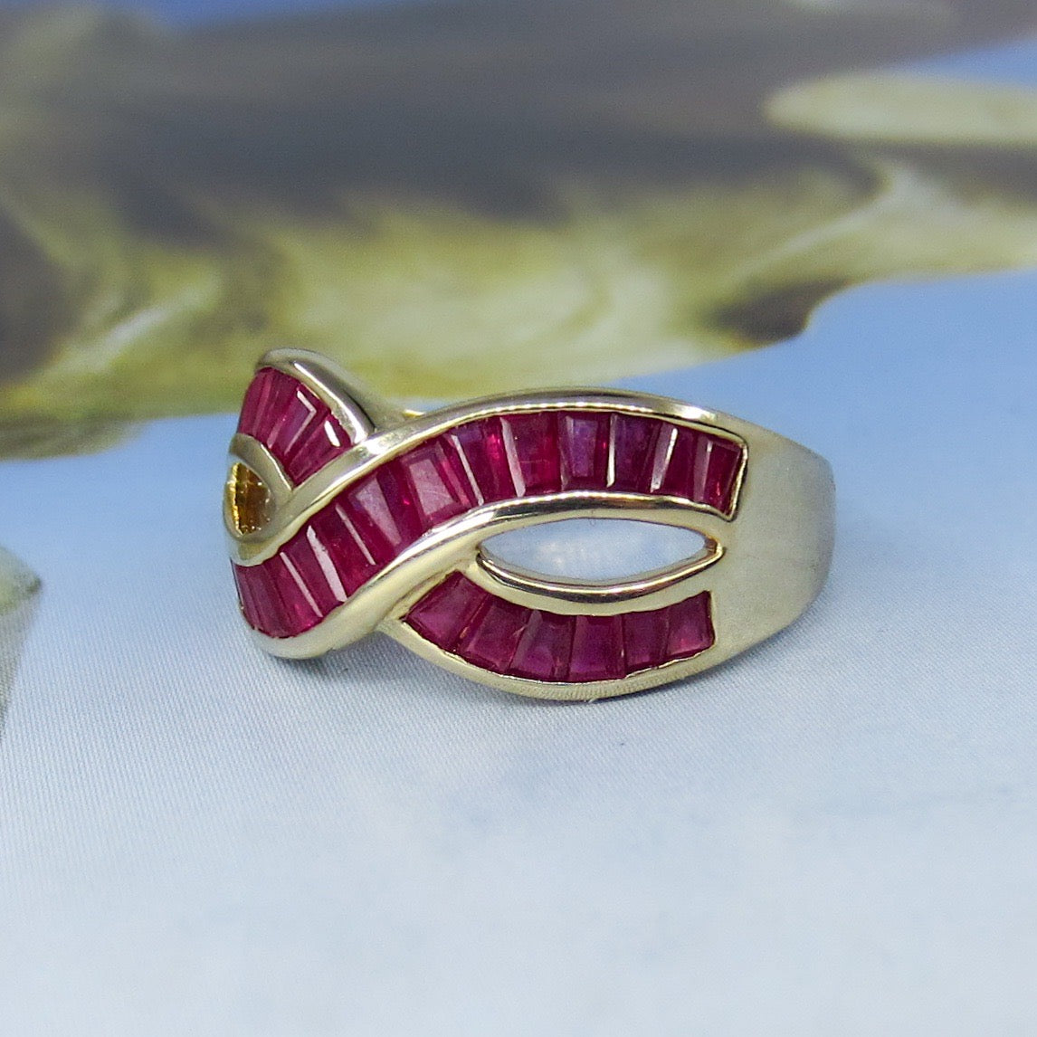 SOLD--Vintage 90’s Ruby Baguette Infinity Ring 14k c. 1995