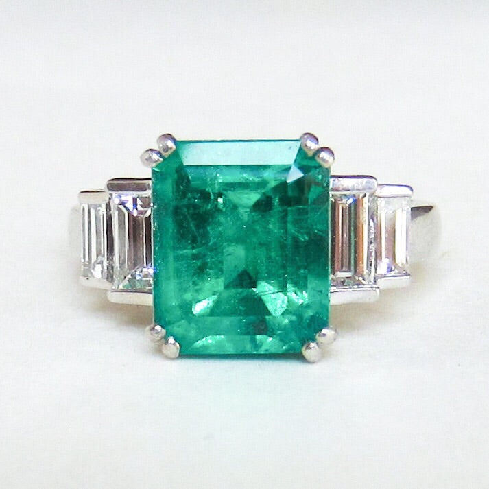 SOLD-GORGEOUS Vintage Emerald 4.57ct and Baguette Diamond Ring Platinum