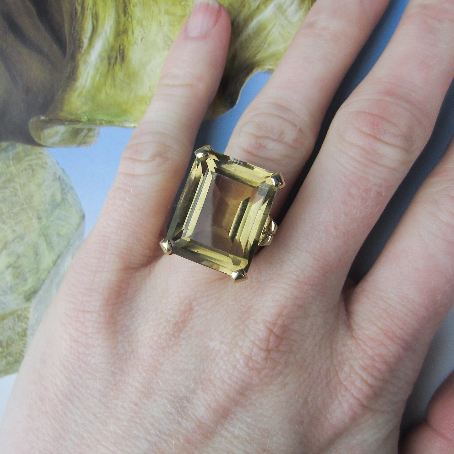 Glam Mid-Century Citrine Cocktail Ring 14k c. 1960