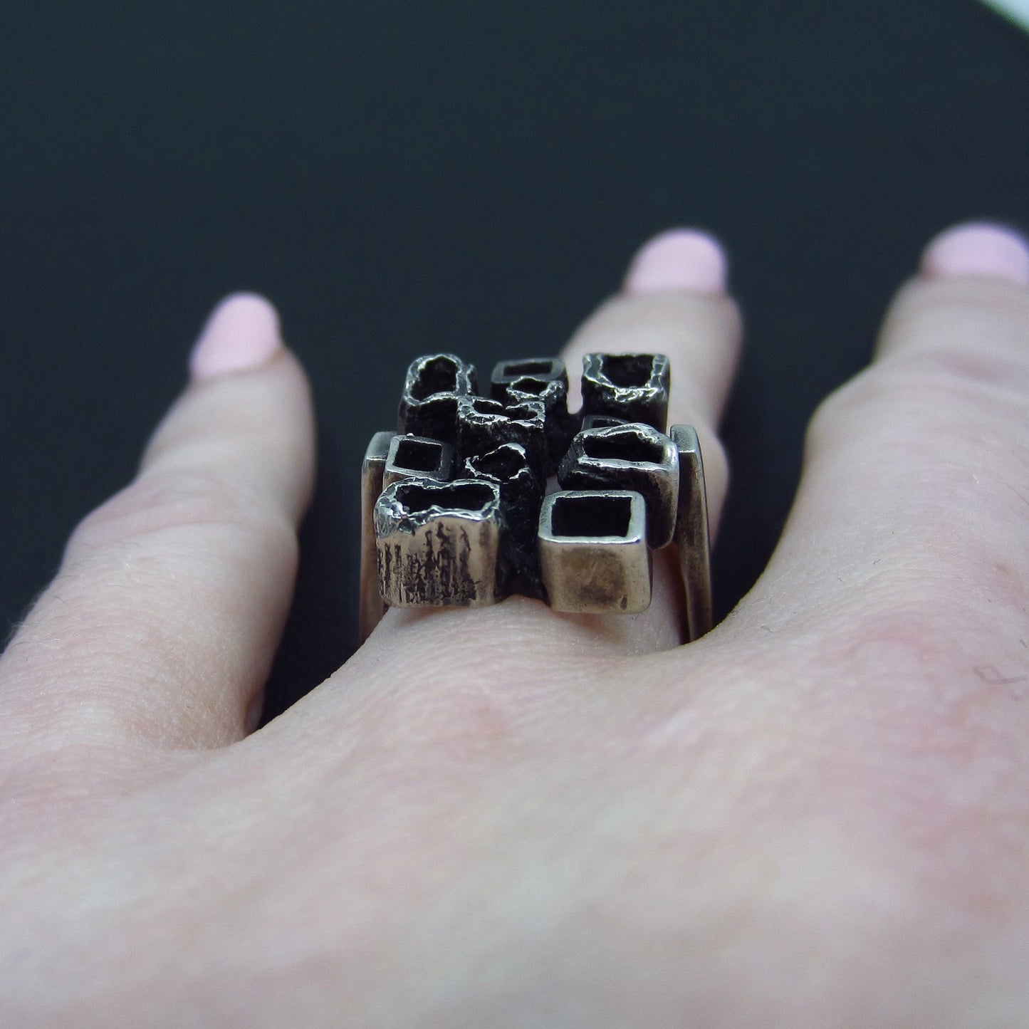 Mid-Century Brutalist Squares Ring 835 Silver c. 1960