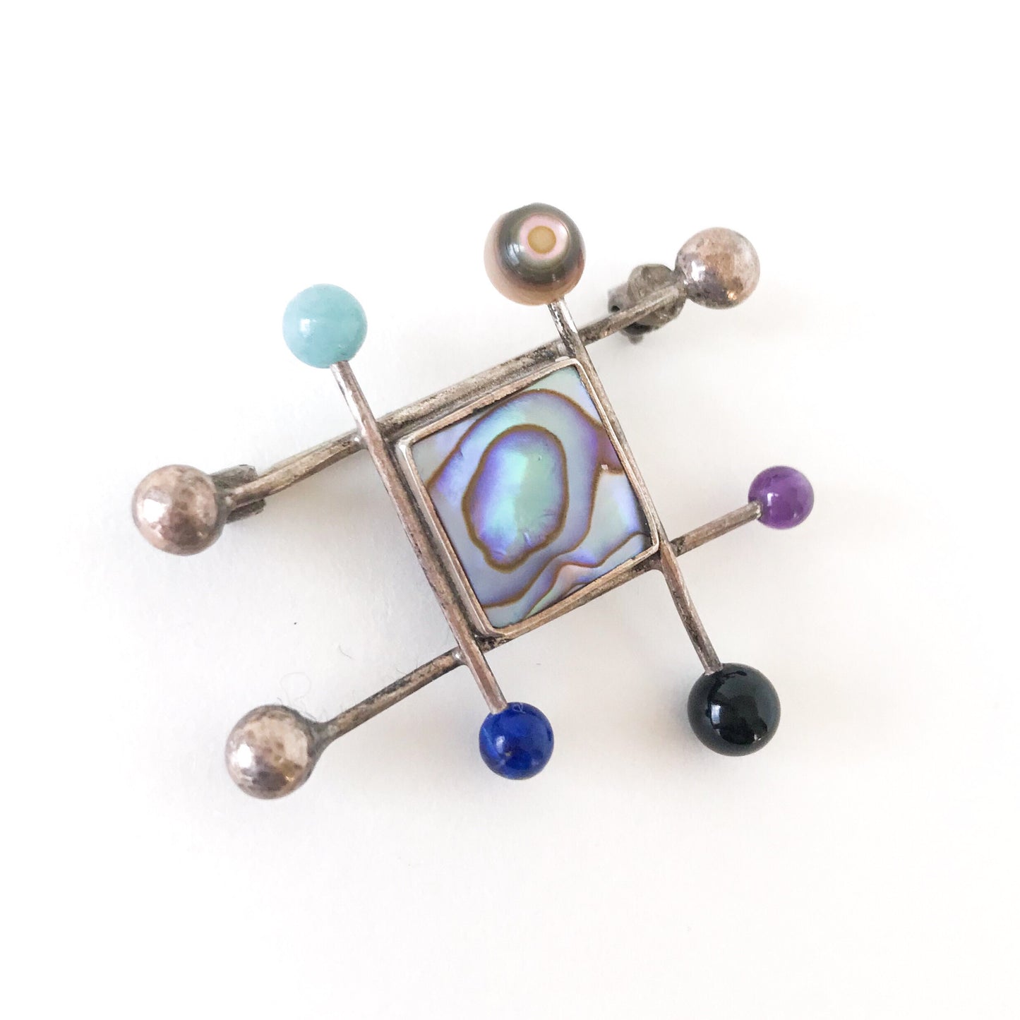 SOLD-Post-Modern Geometric Multi-Gem Brooch Sterling c. 1990