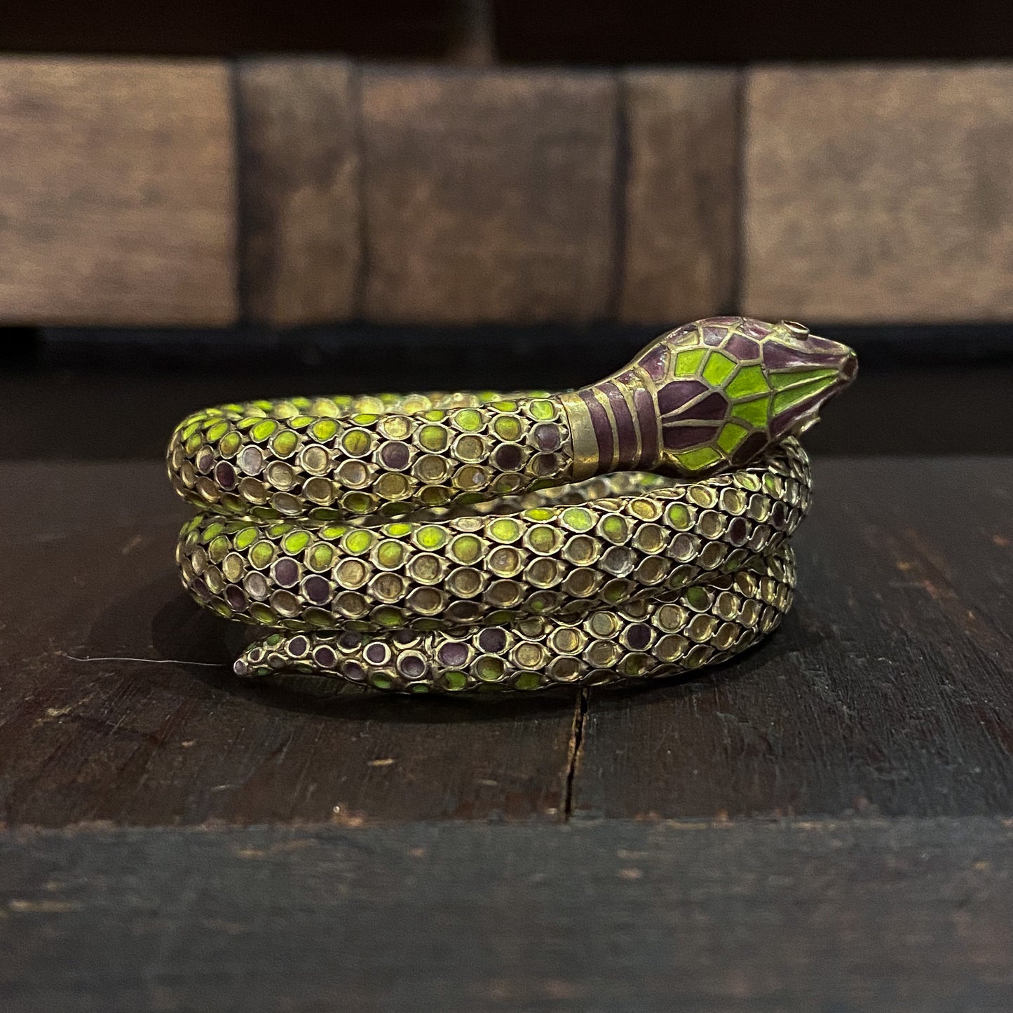 SOLD--Art Deco Enamel Coiled Snake Bracelet Gilt Sterling c. 1930