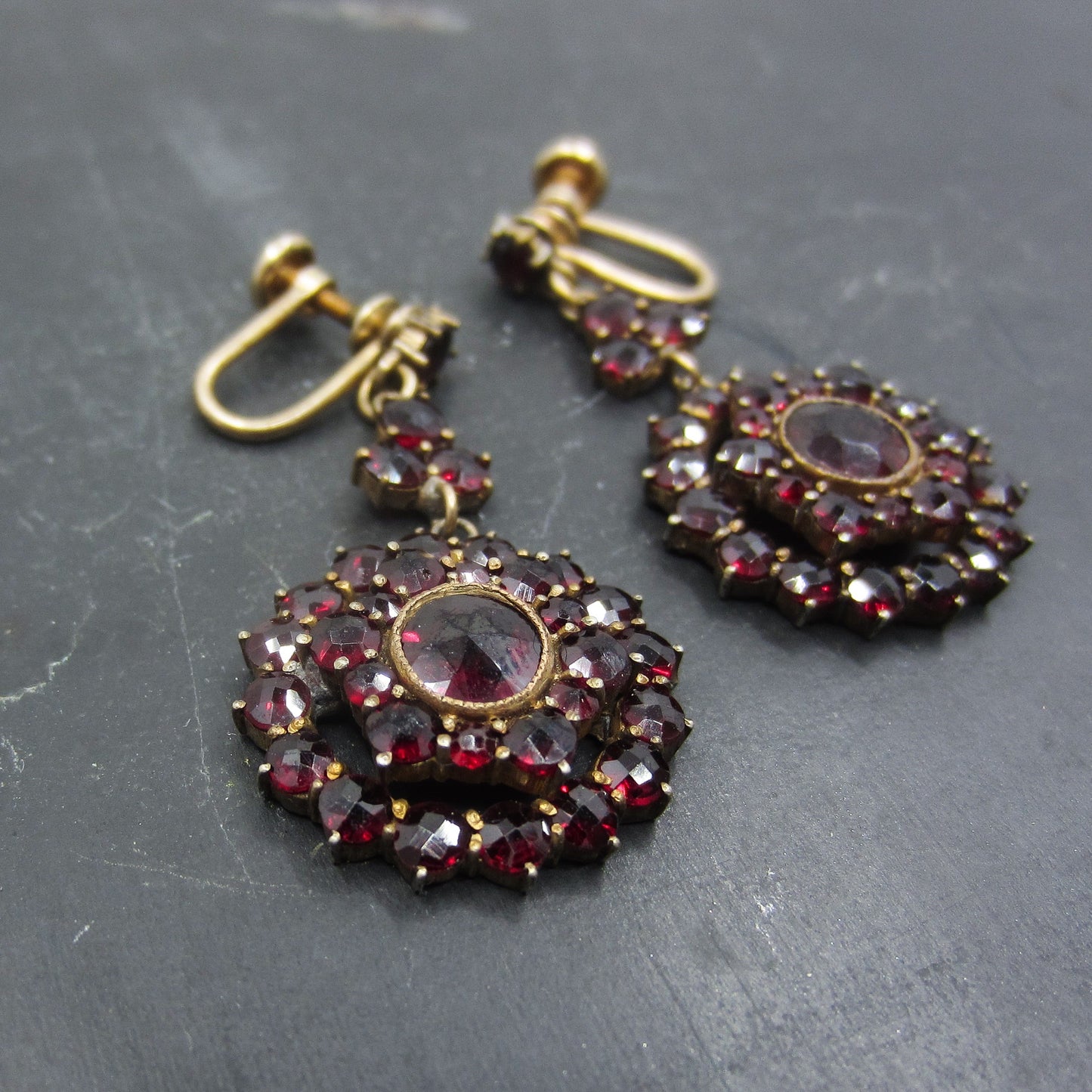 SOLD-Art Deco Bohemian Garnet Cluster Earrings Gilt Brass c. 1930