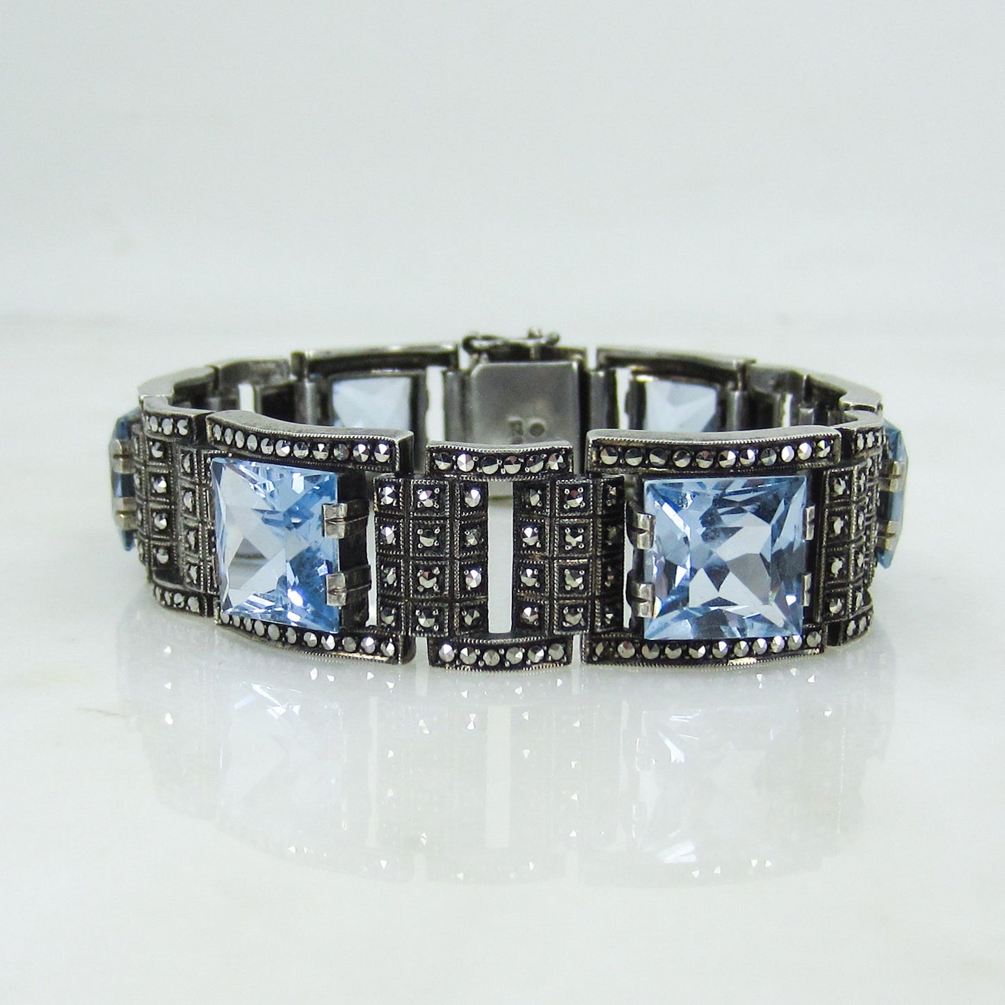 SOLD-Art Deco Theodor Fahrner Syn Blue Spinel and Marcasite Bracelet Sterling Silver, Germany c. 1940