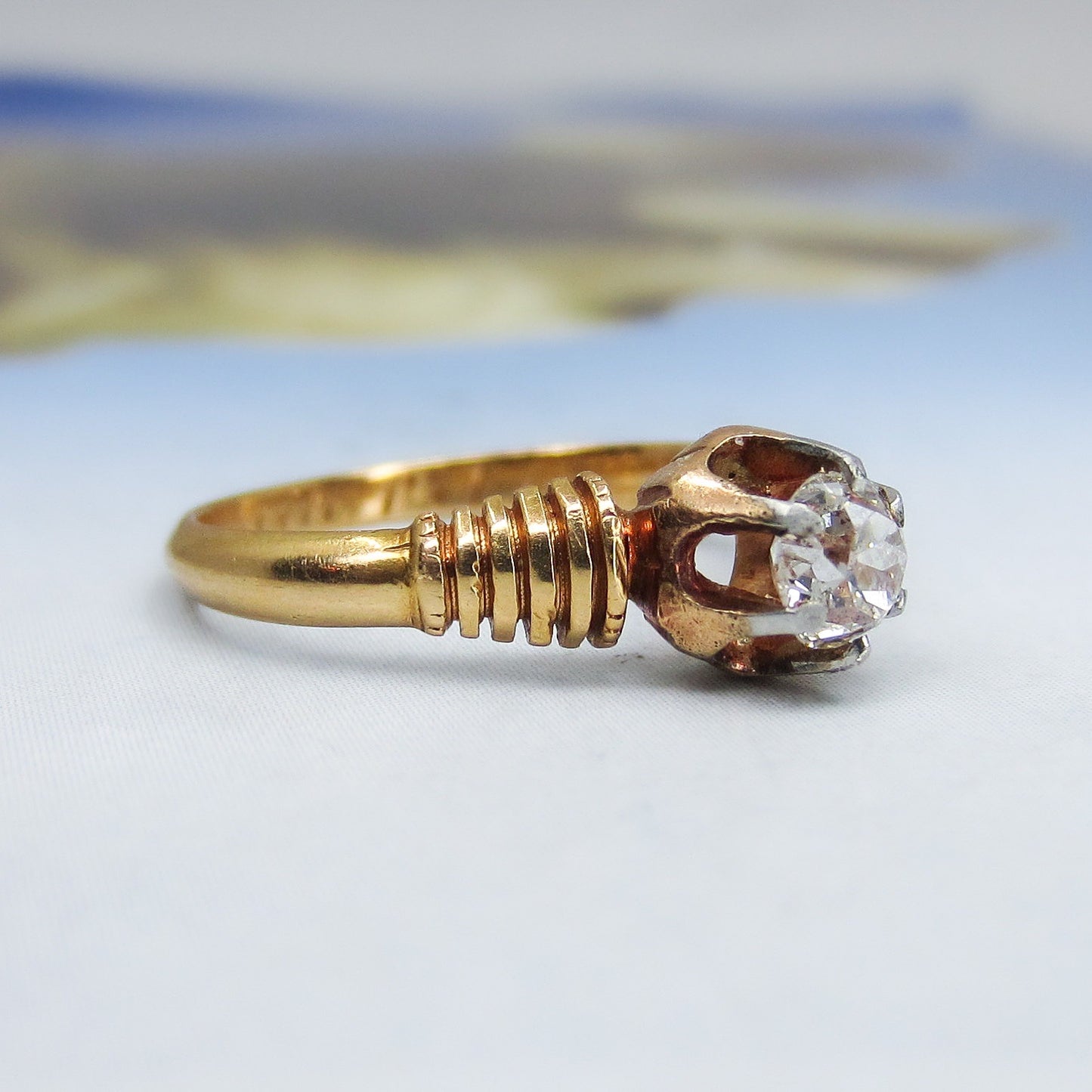 SOLD--Victorian Old Mine .42ct Diamond Solitaire Engagement Ring 14k c. 1869