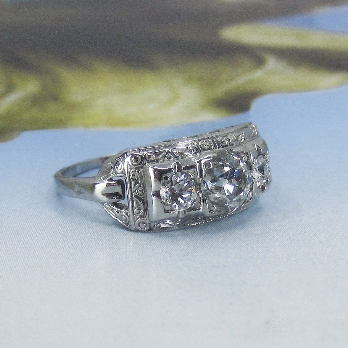 SOLD— Art Deco Three Stone Diamond 1.17ctw Ring 18k, Jabel c. 1930