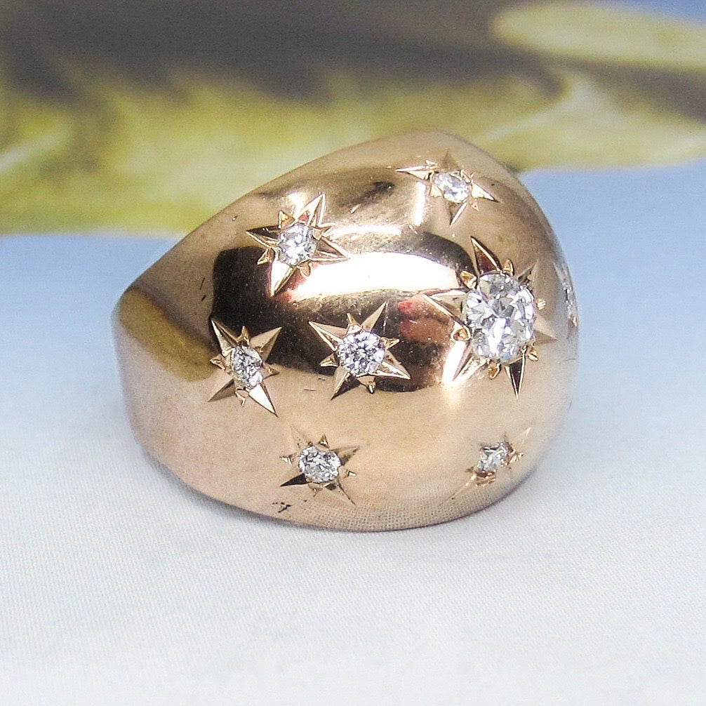 SOLD--Retro Star Set Diamond Bombe Ring 18k, French c. 1940