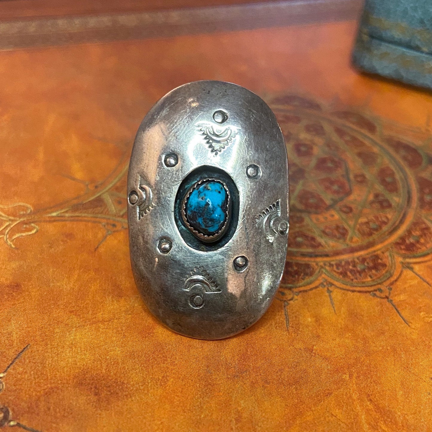 Giant Turquoise Shadow Box Ring Sterling c. 1960