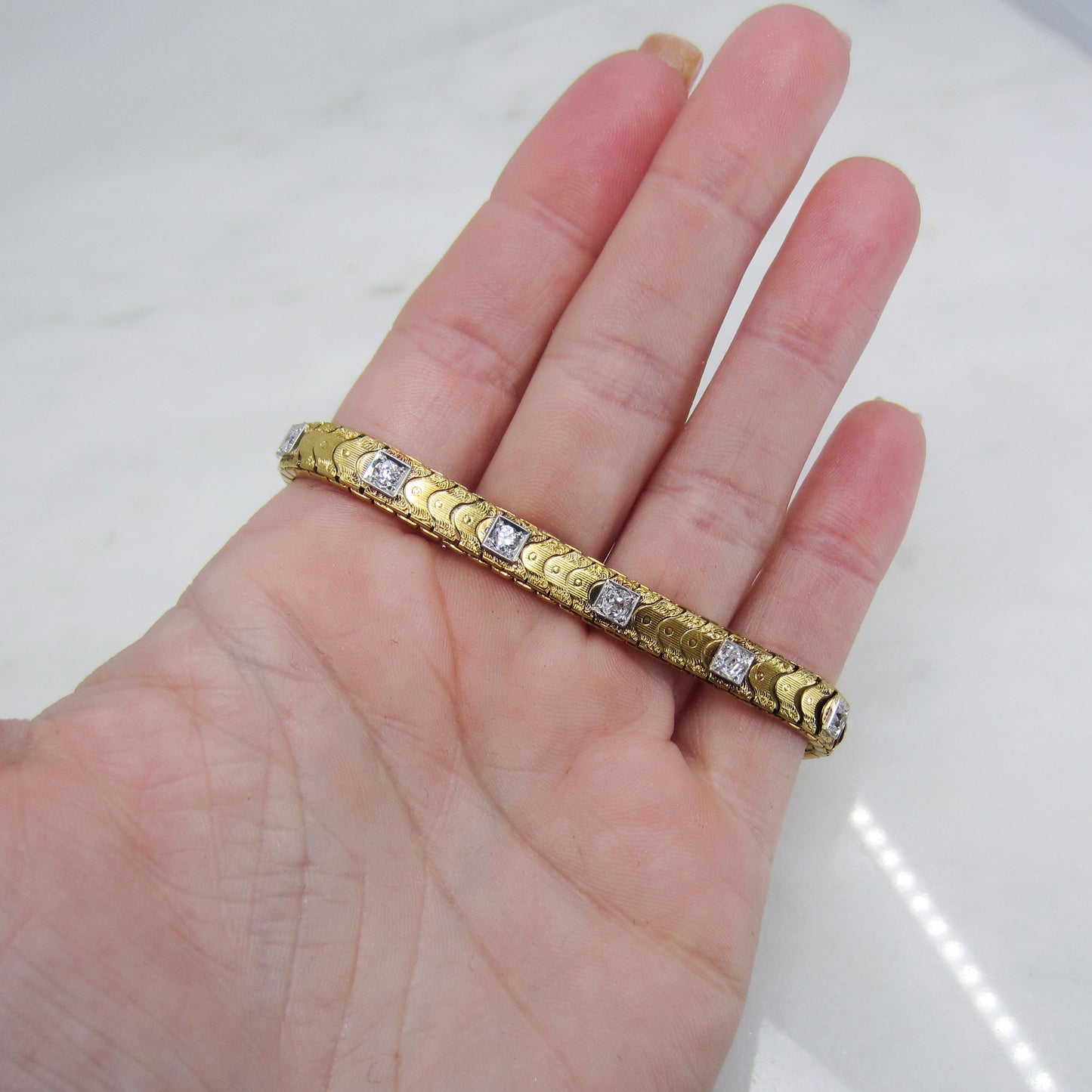 SOLD-Art Deco Slinky Old European Diamond Line Bracelet 14k, Sloan & Co c. 1940