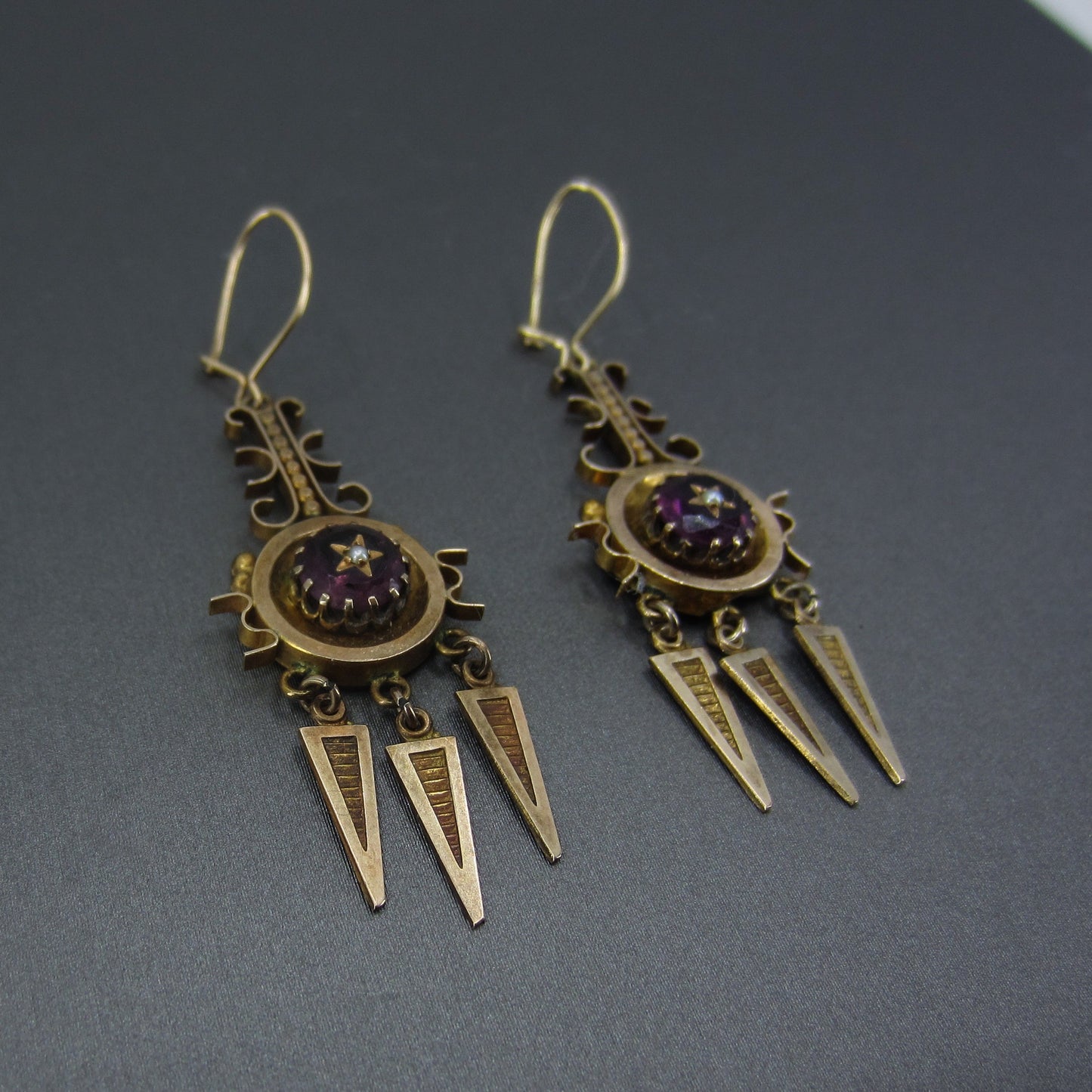 SOLD-Victorian Etruscan Revival Amethyst and Pearl Earrings 12k c. 1880