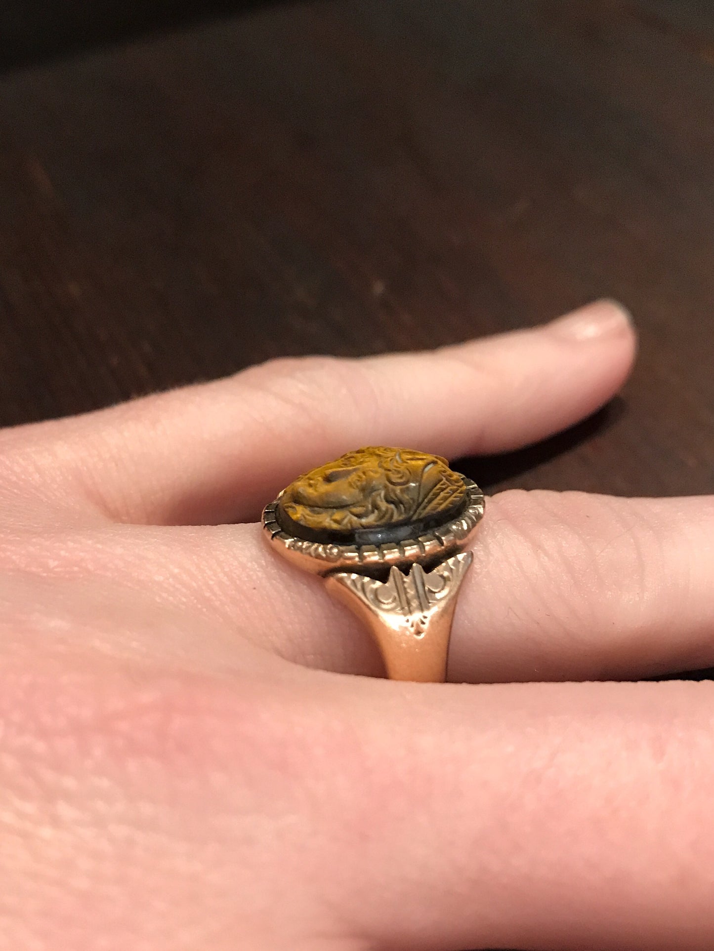 SOLD-Victorian Tiger's Eye Mercury Cameo Ring 10k c. 1880