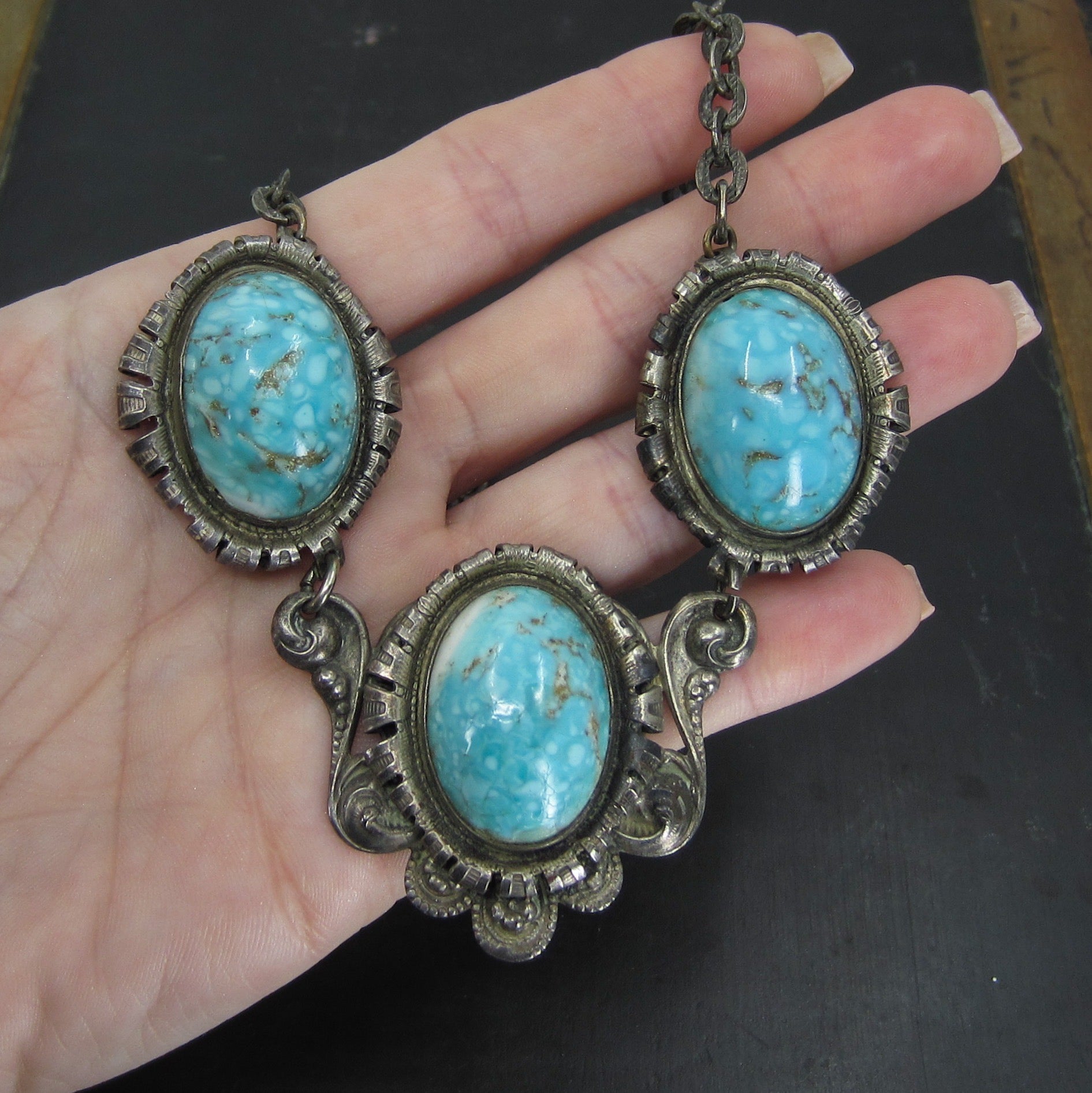 Art Deco Turquoise Art Glass Necklace Silver Plate c. 1930