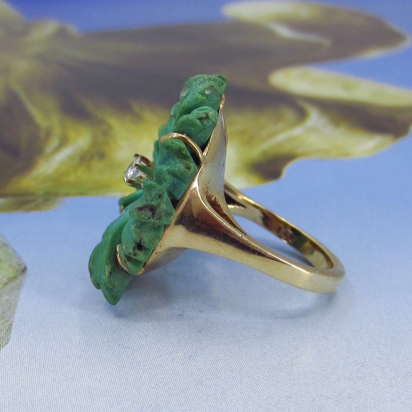 SOLD - Mid-Century Diamond and Carved Aventurine Ring 14k c. 1960