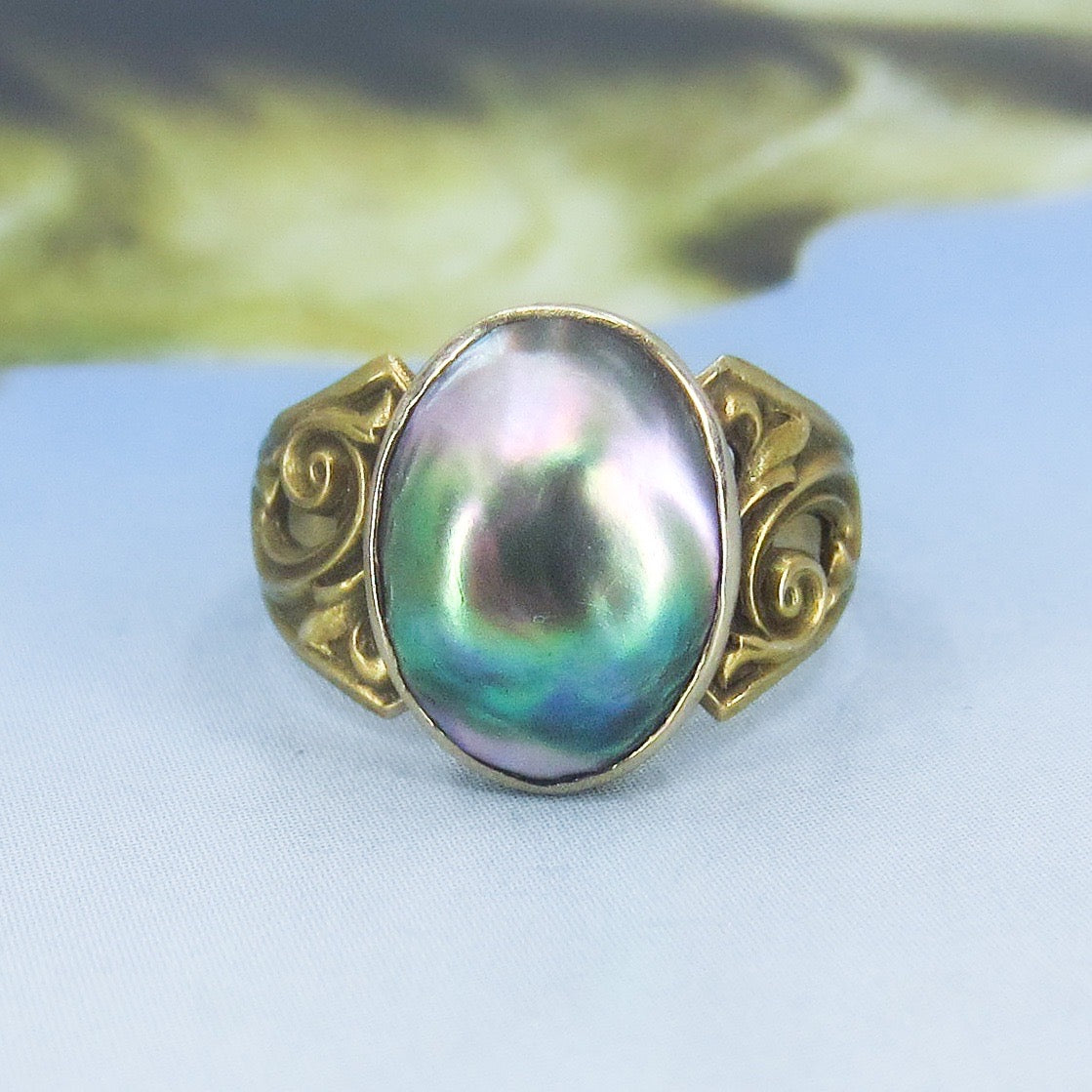 SOLD--Art Nouveau Mother of Pearl Ring 10k c. 1890