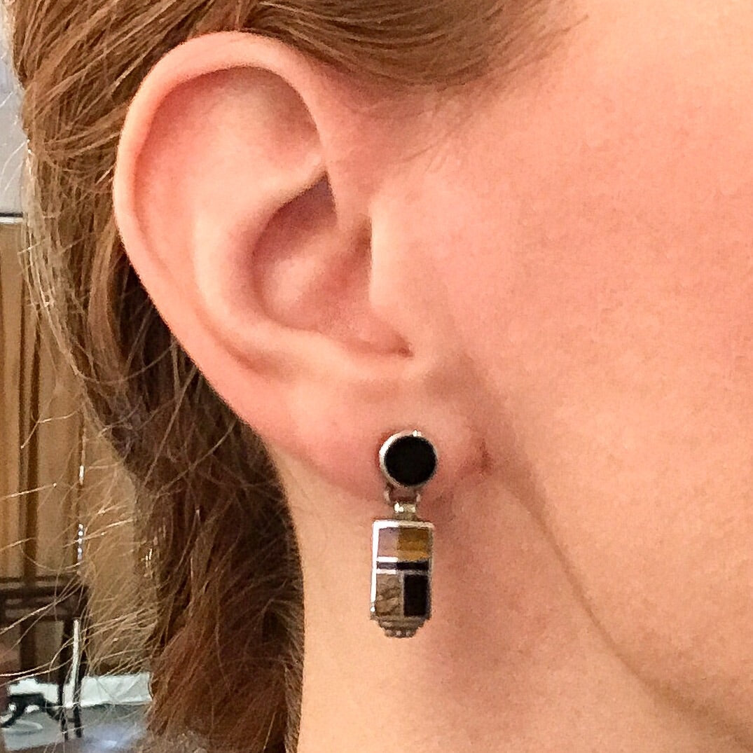 SOLD--Vintage Onyx and Tiger's Eye Inlay Earrings Sterling c. 1990