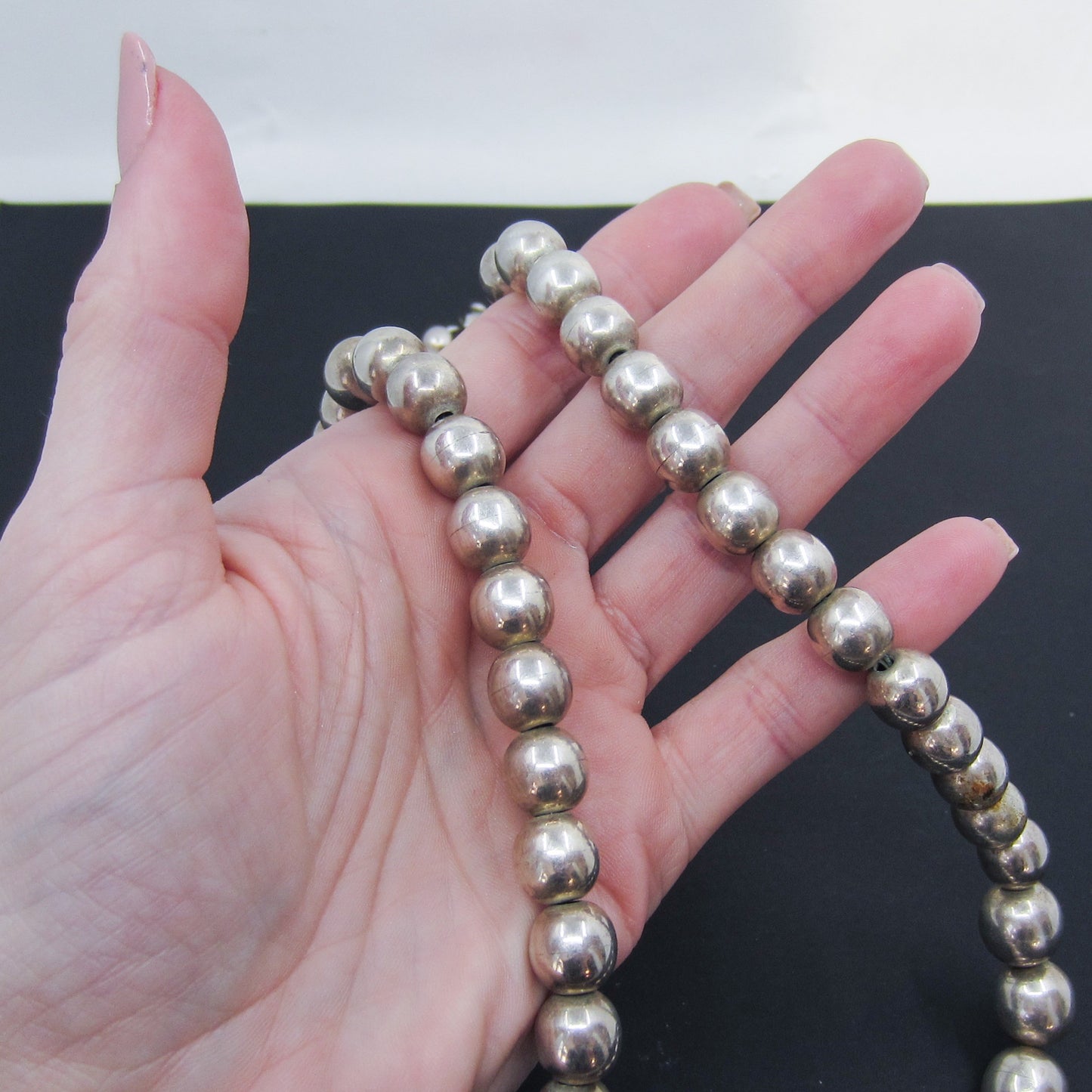 Vintage Taxco Long Graduated Ball Bead Necklace Sterling, Mexico c. 1980