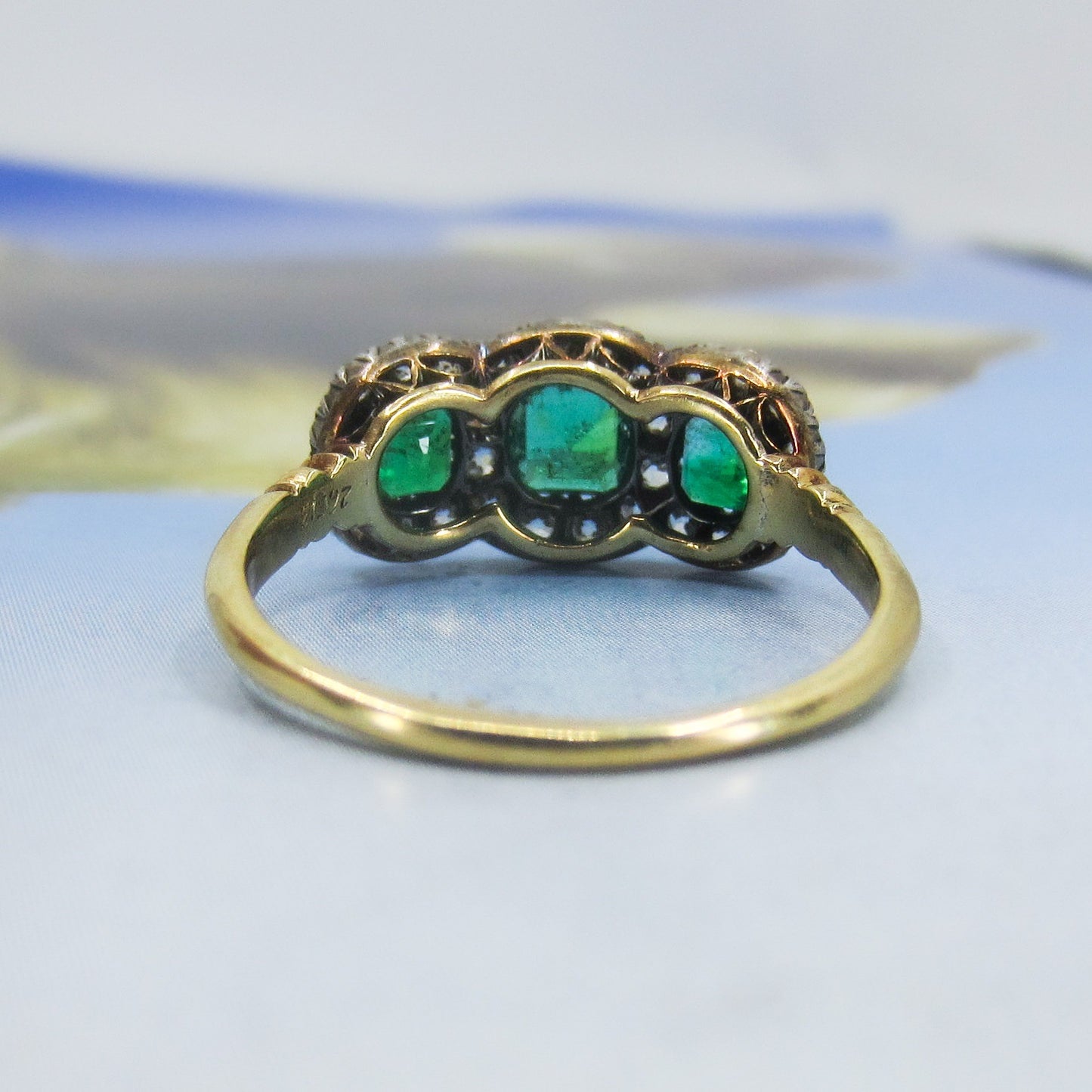 HOLD--Incredible Victorian Emerald and Diamond Cluster Ring Silver/18k c. 1850