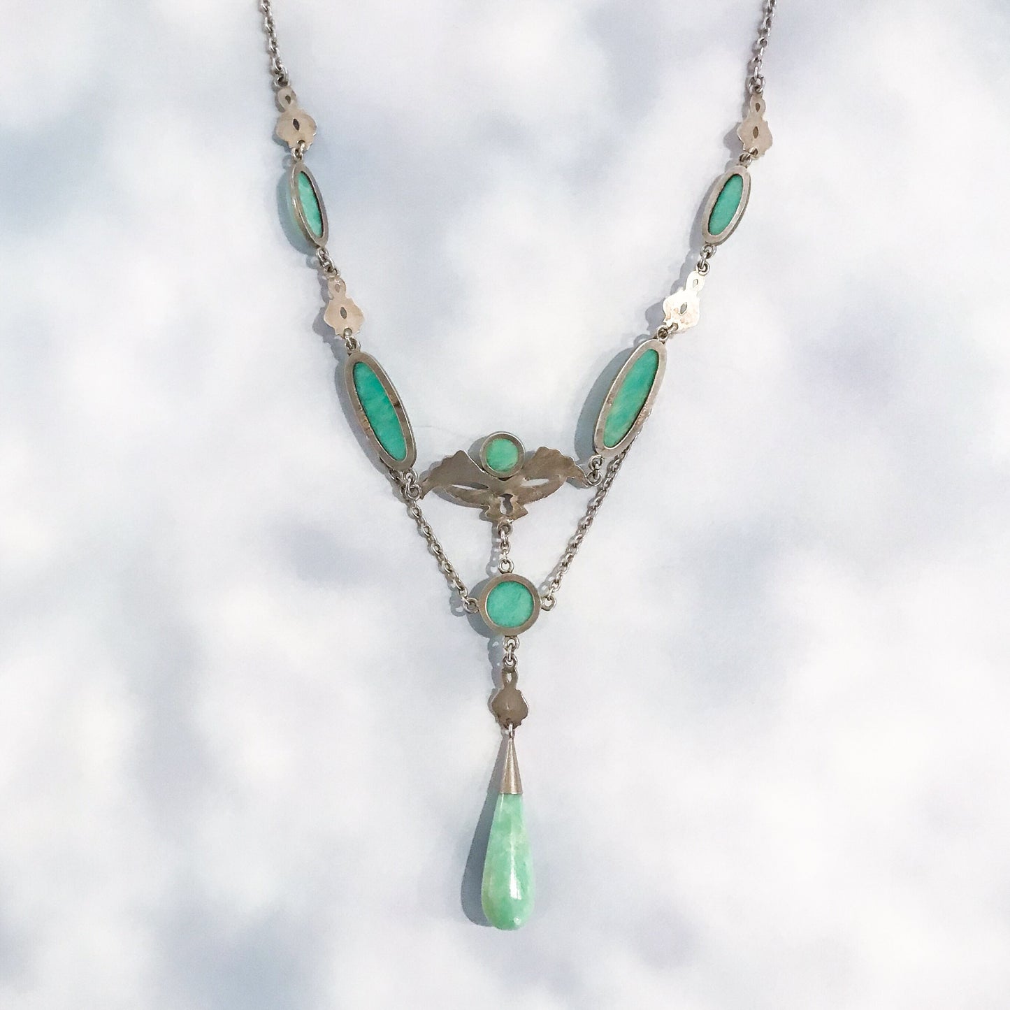 SOLD--Art Nouveau Green Quartz Drop Necklace Sterling c. 1900