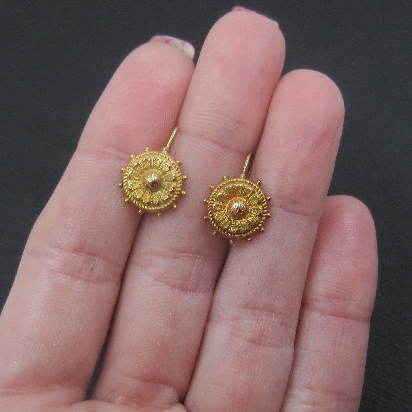 SOLD Victorian Etruscan Revival Small Drop Earrings 15k c. 1880