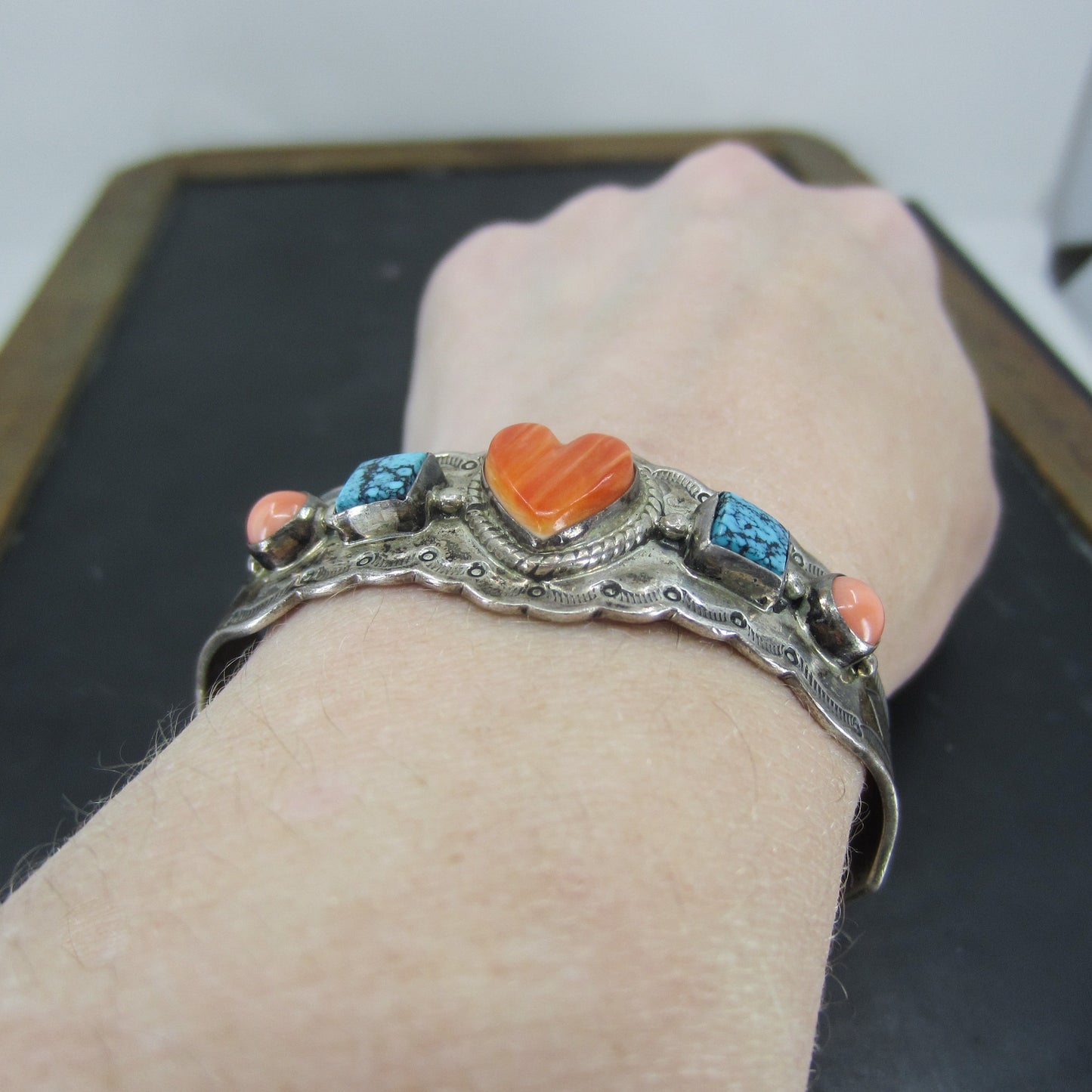 Vintage Coral, Turquoise and Spiny Oyster Heart Cuff Sterling