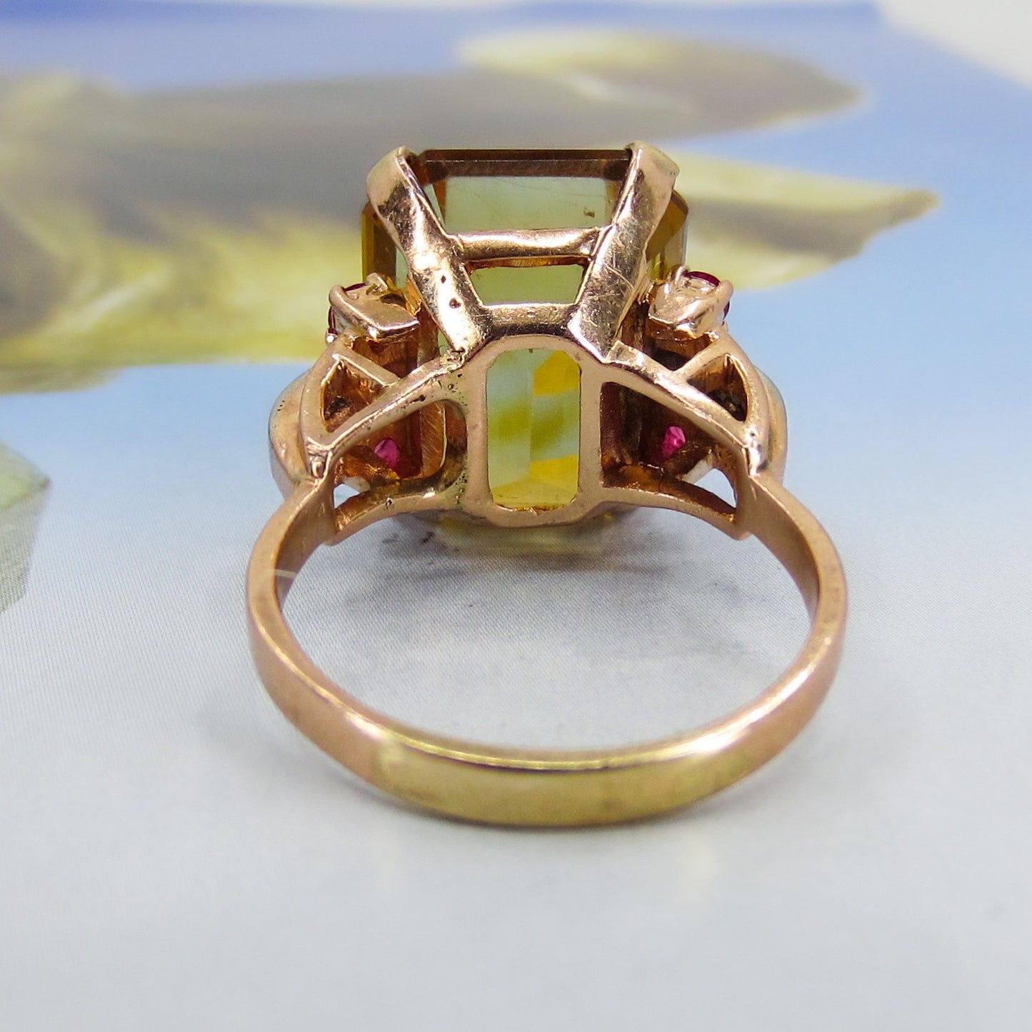 SOLD-Retro Citrine, Ruby and Diamond Cocktail Ring 14k c. 1940