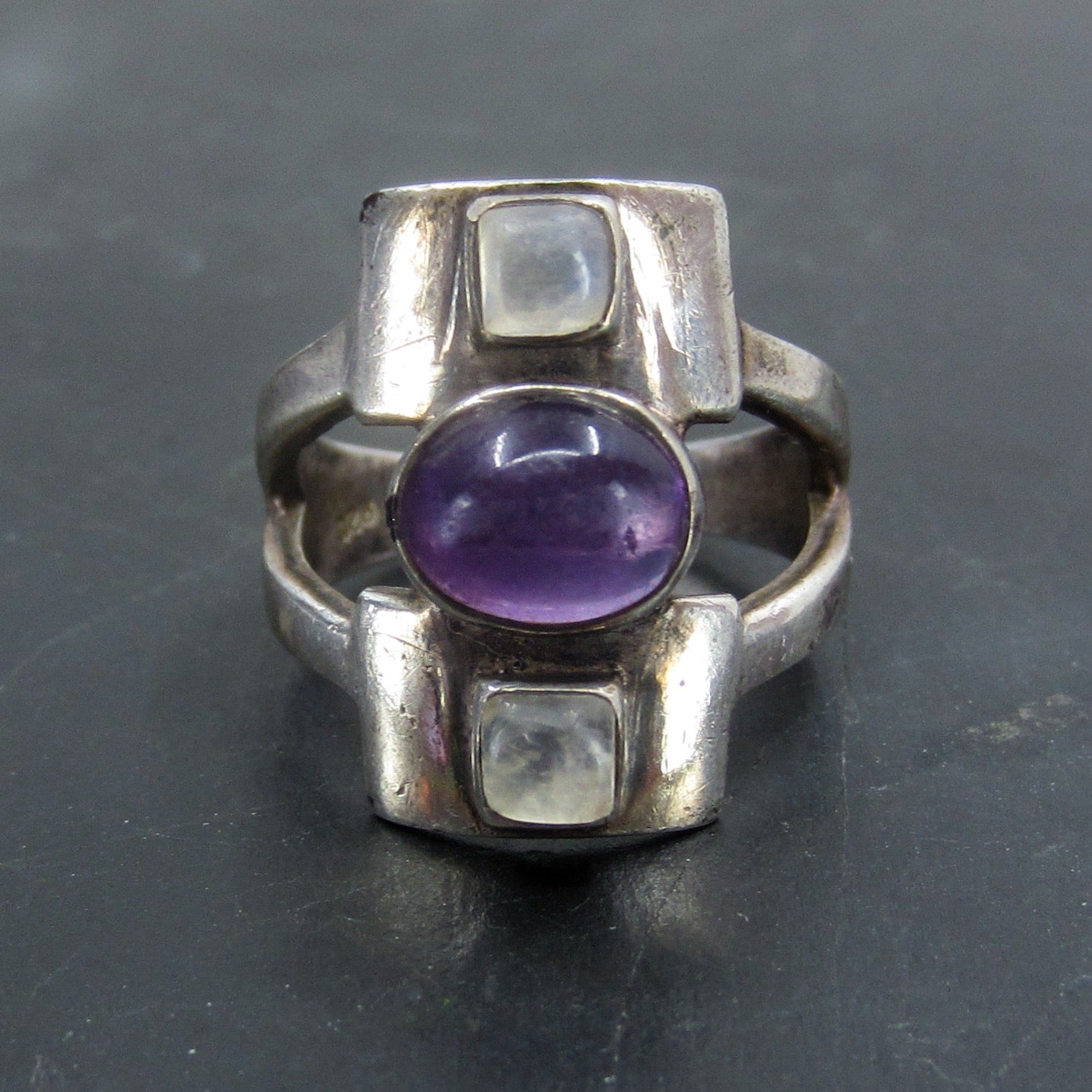 SOLD--Post-Modern Amethyst and Moonstone Ring Sterling c. 1990