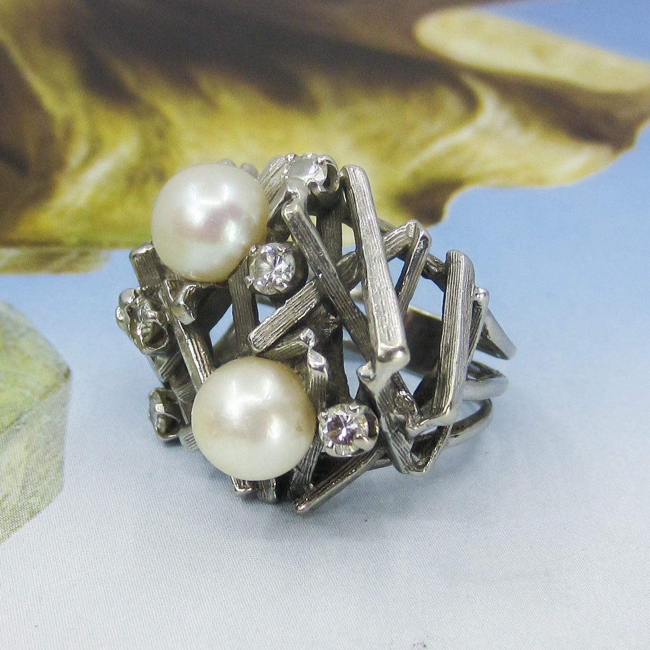 Brutalist Diamond And Pearl Ring 14k c. 1970