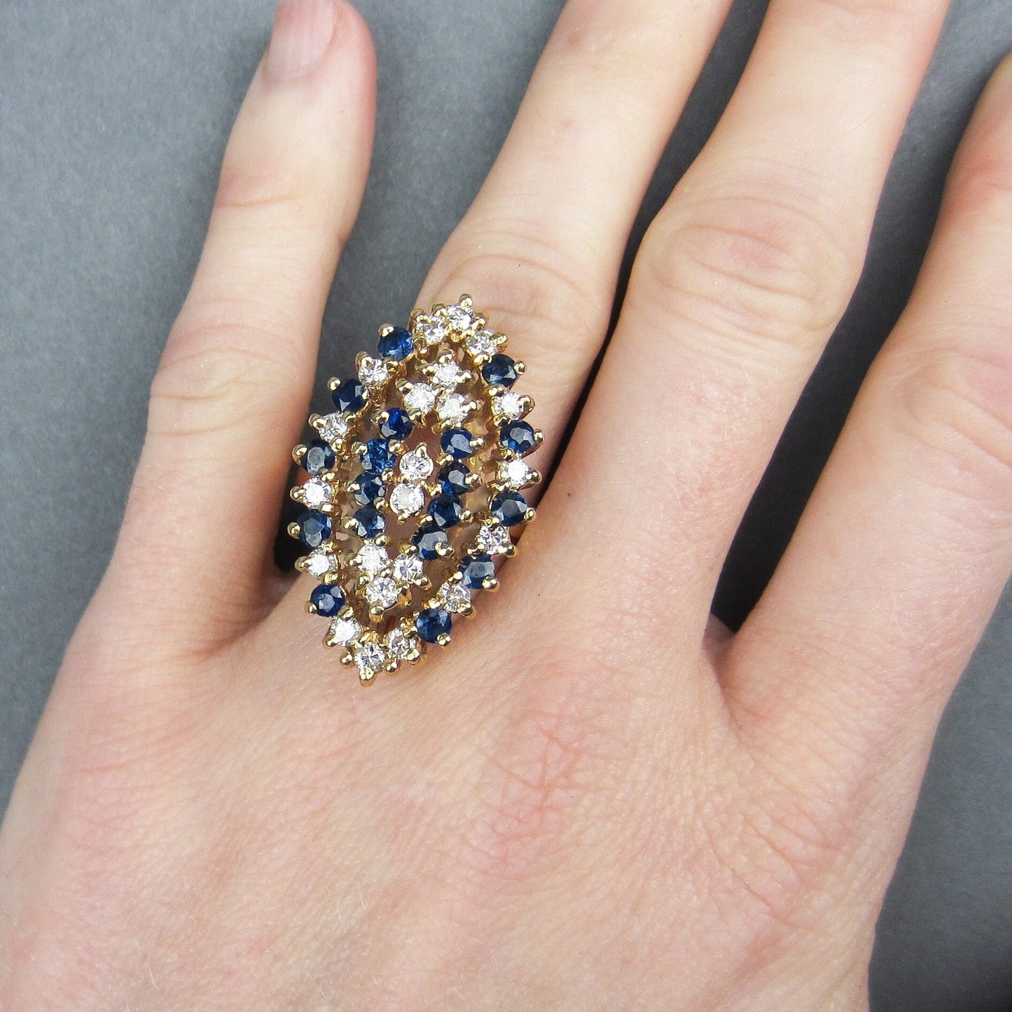 SOLD--GIANT Mid-Century Diamond and Sapphire Navette Cocktail Ring 14k c. 1960