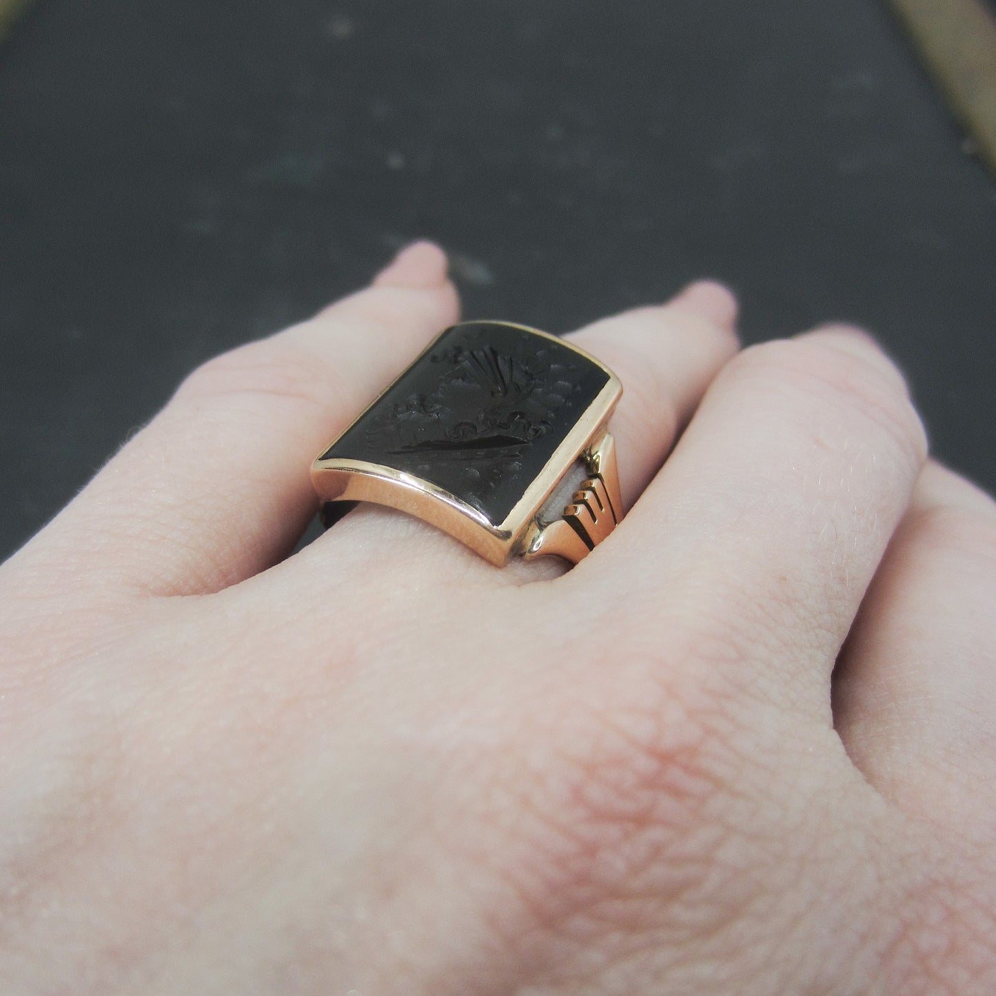 SOLD--Victorian Onyx Warrior Intaglio Ring 14k c. 1890