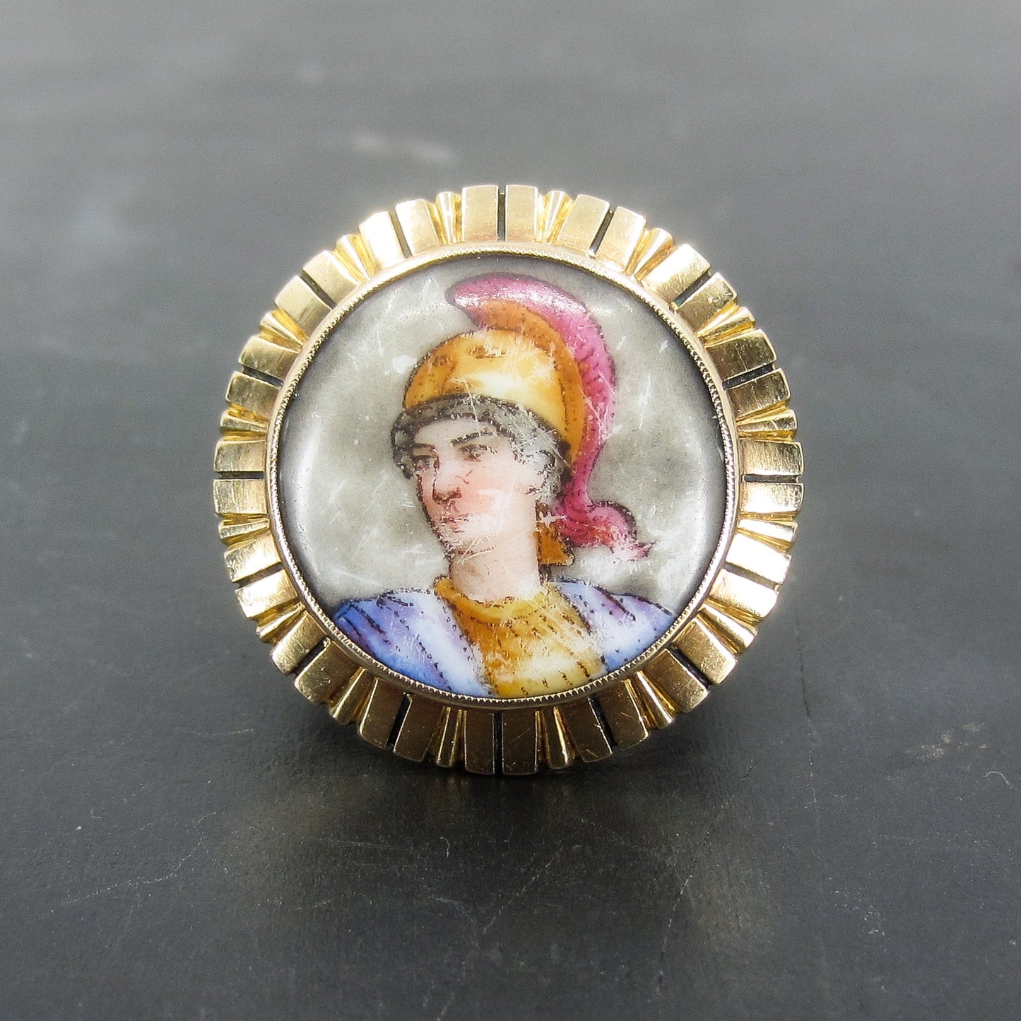 Mid-Century Hand Painted Porcelain and Enamel Warrior Ring 14k c. 1940