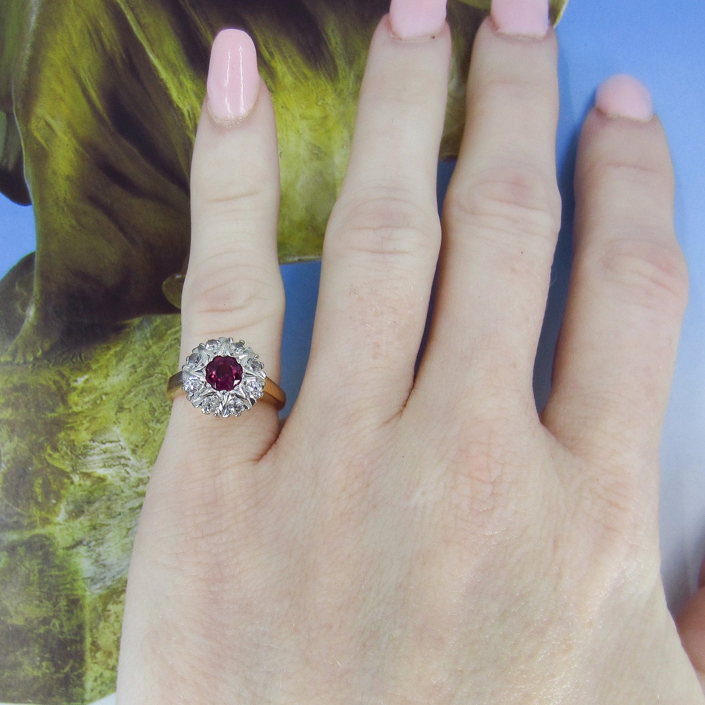 SOLD Art Deco Garnet and Diamond Cluster Ring 14k c. 1920