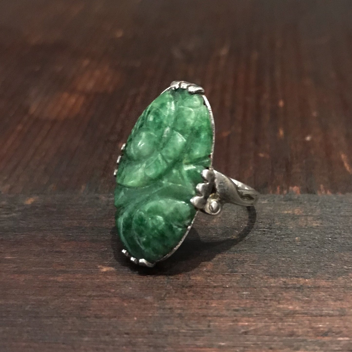 SOLD--Art Deco Carved Jade Ring Sterling c. 1930